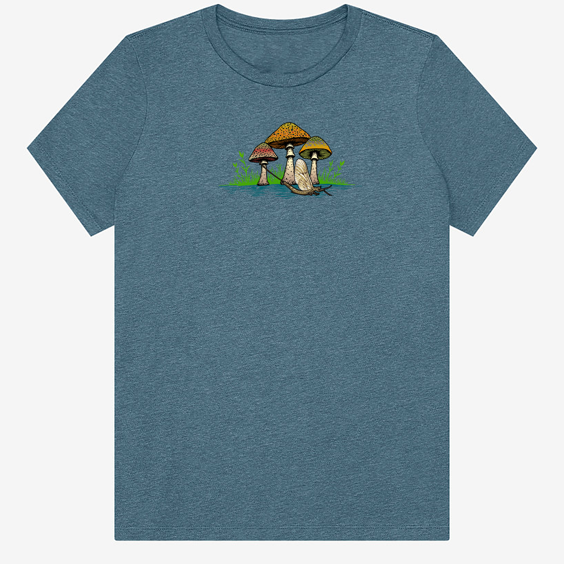 Women's fly fishing t shirt.  Deep Teal colored women's tee.  The Seems Fishy Tee by Headwater Canyon.  Fly fishing shirt depicts three mushrooms with trout patterns behind a mayfly.