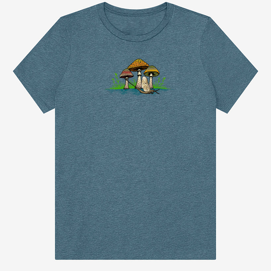 Women's fly fishing t shirt.  Deep Teal colored women's tee.  The Seems Fishy Tee by Headwater Canyon.  Fly fishing shirt depicts three mushrooms with trout patterns behind a mayfly.