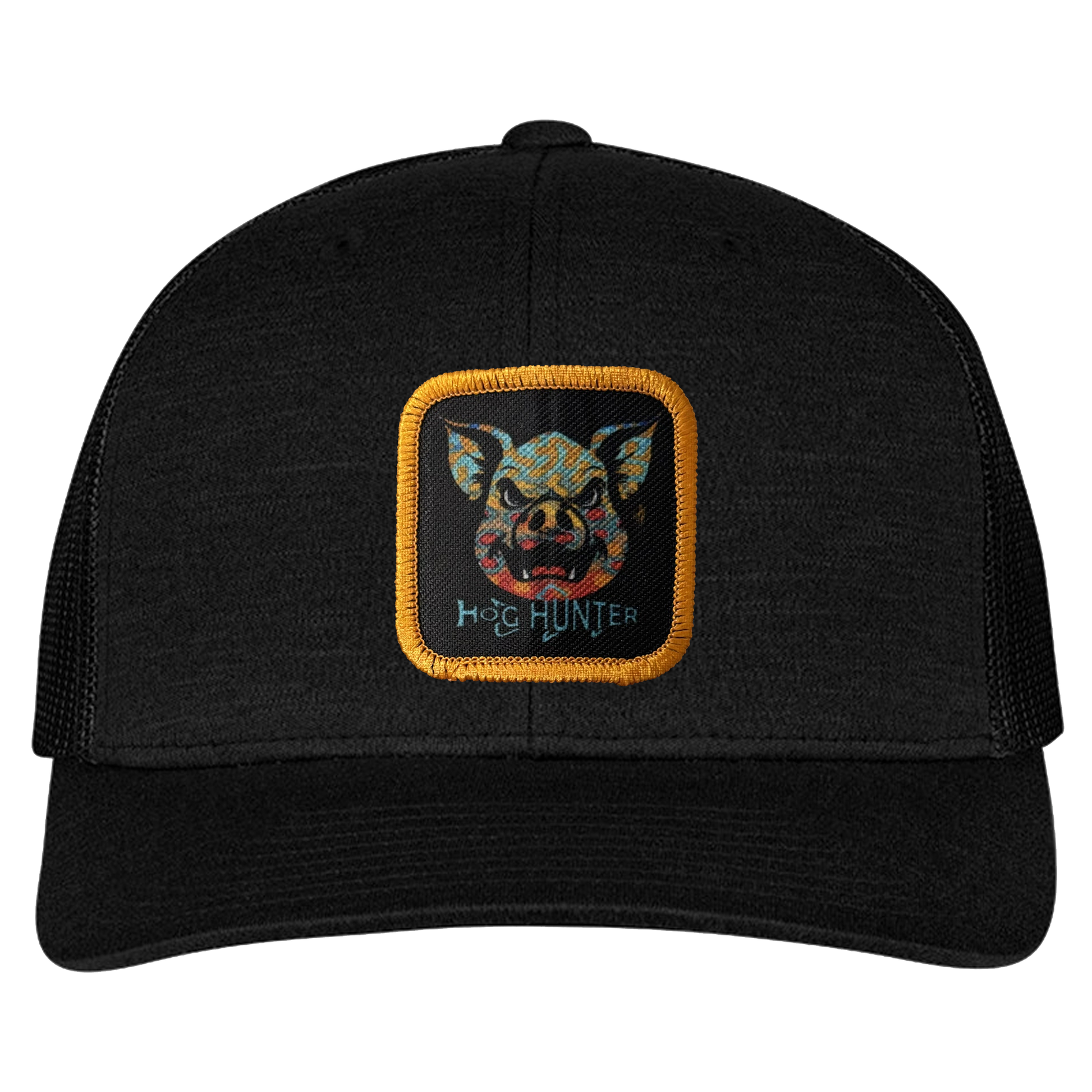 Hog Hunter Trucker Hat on Black Cap.  Headwater Canyon Brook Trout design.