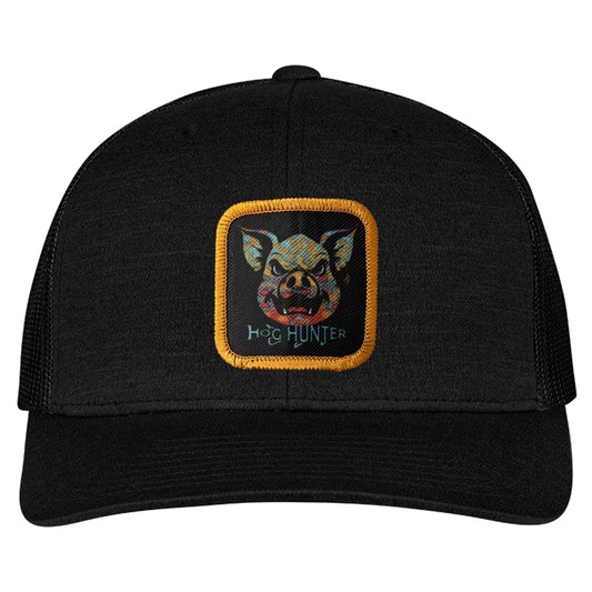 Hog Hunter Trucker Hat on Black Cap.  Headwater Canyon Brook Trout design.