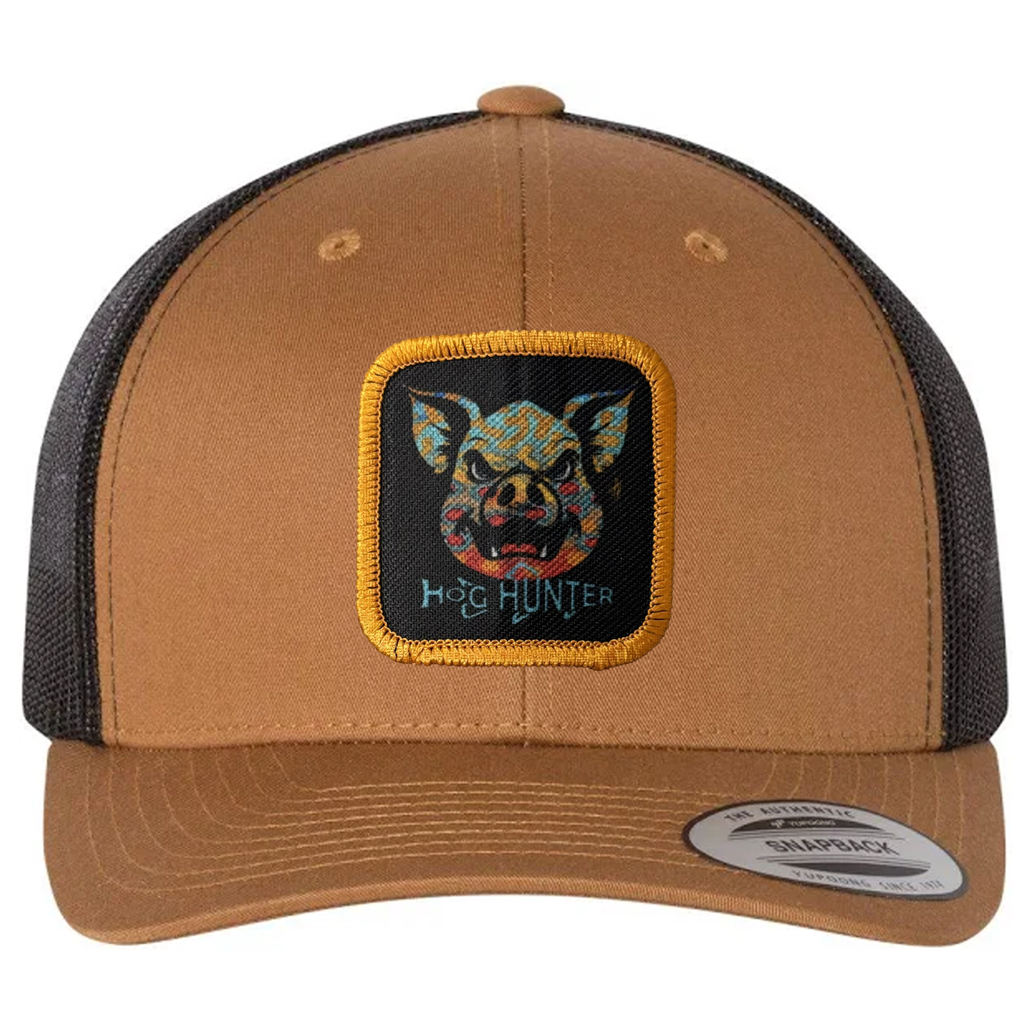 Hog Hunter Trucker Hat on Caramel Cap.  Headwater Canyon Brook Trout design.