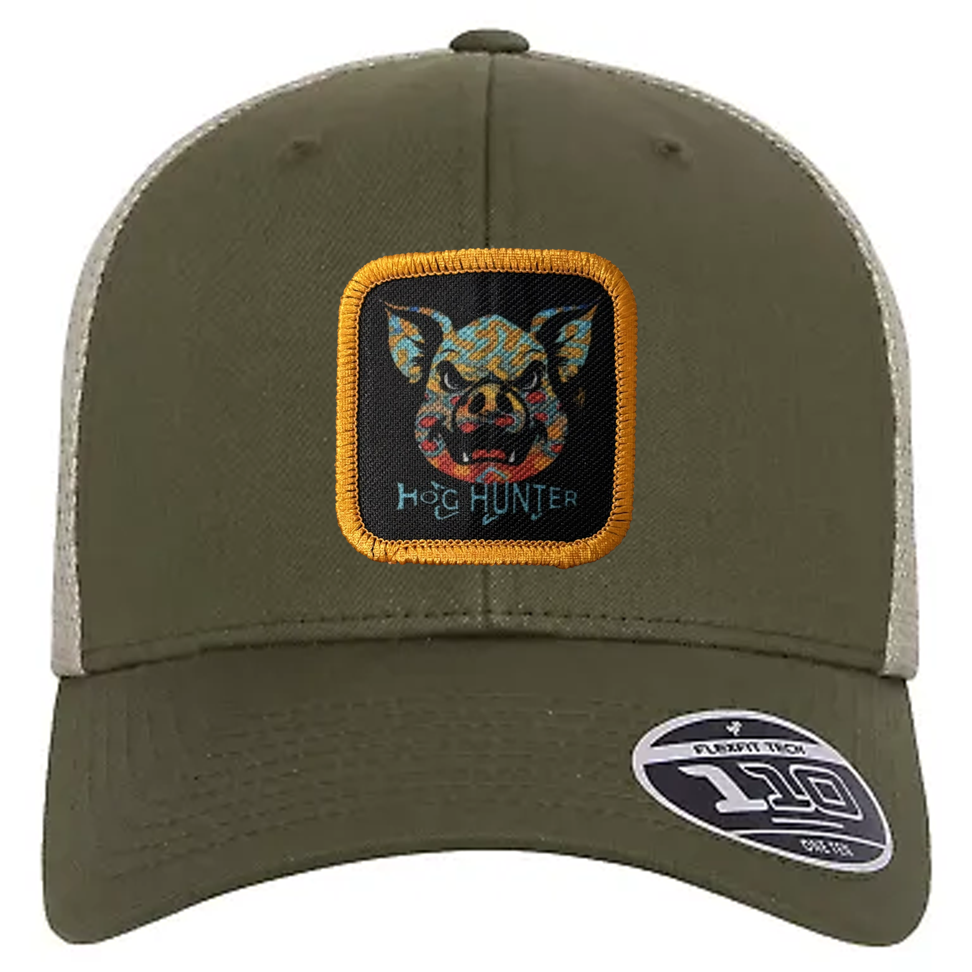 Hog Hunter Trucker Hat on Moss Cap.  Headwater Canyon Brook Trout design.