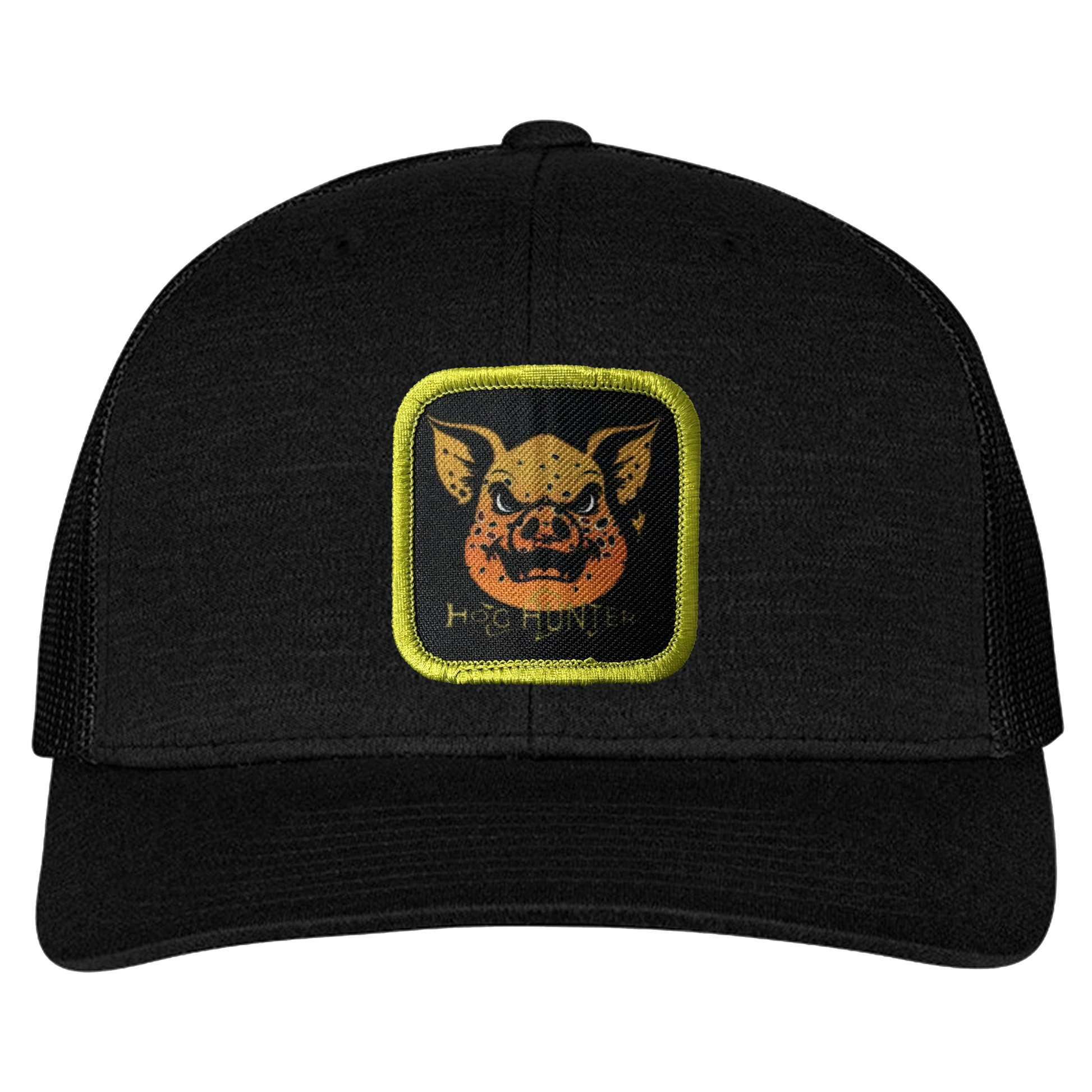 Hog Hunter Trucker Hat on black cap.  Headwater Canyon Brown Trout design.