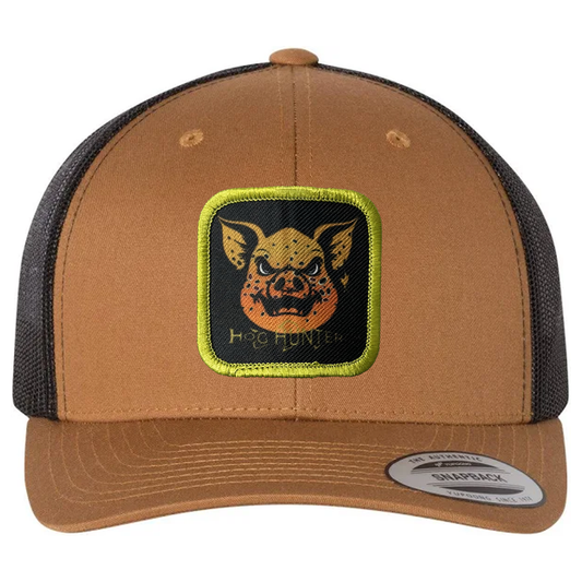 Hog Hunter Trucker Hat on caramel cap.  Headwater Canyon brown trout design.