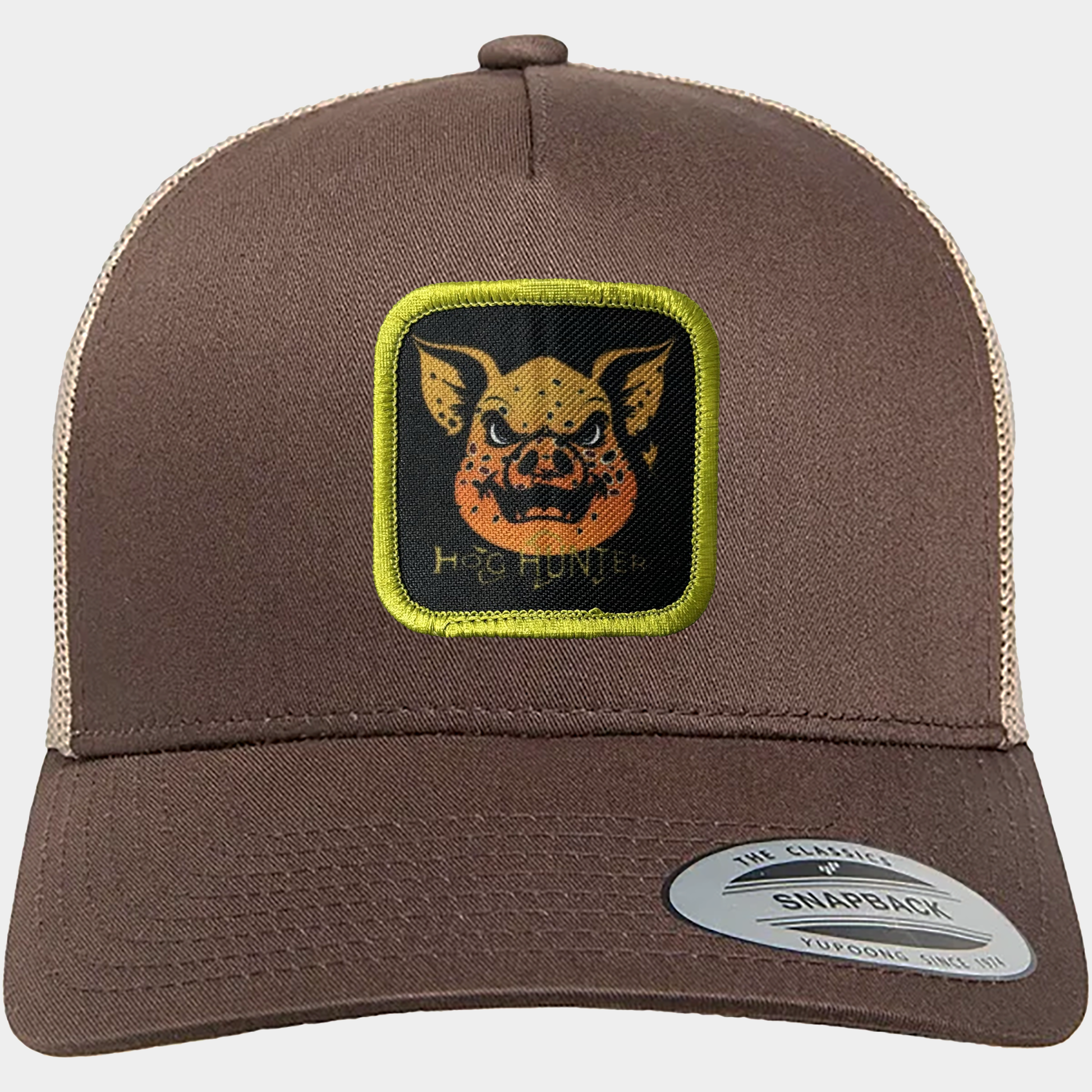 Hog Hunter Trucker Hat on coyote brown cap.  Headwater Canyon brown trout design.