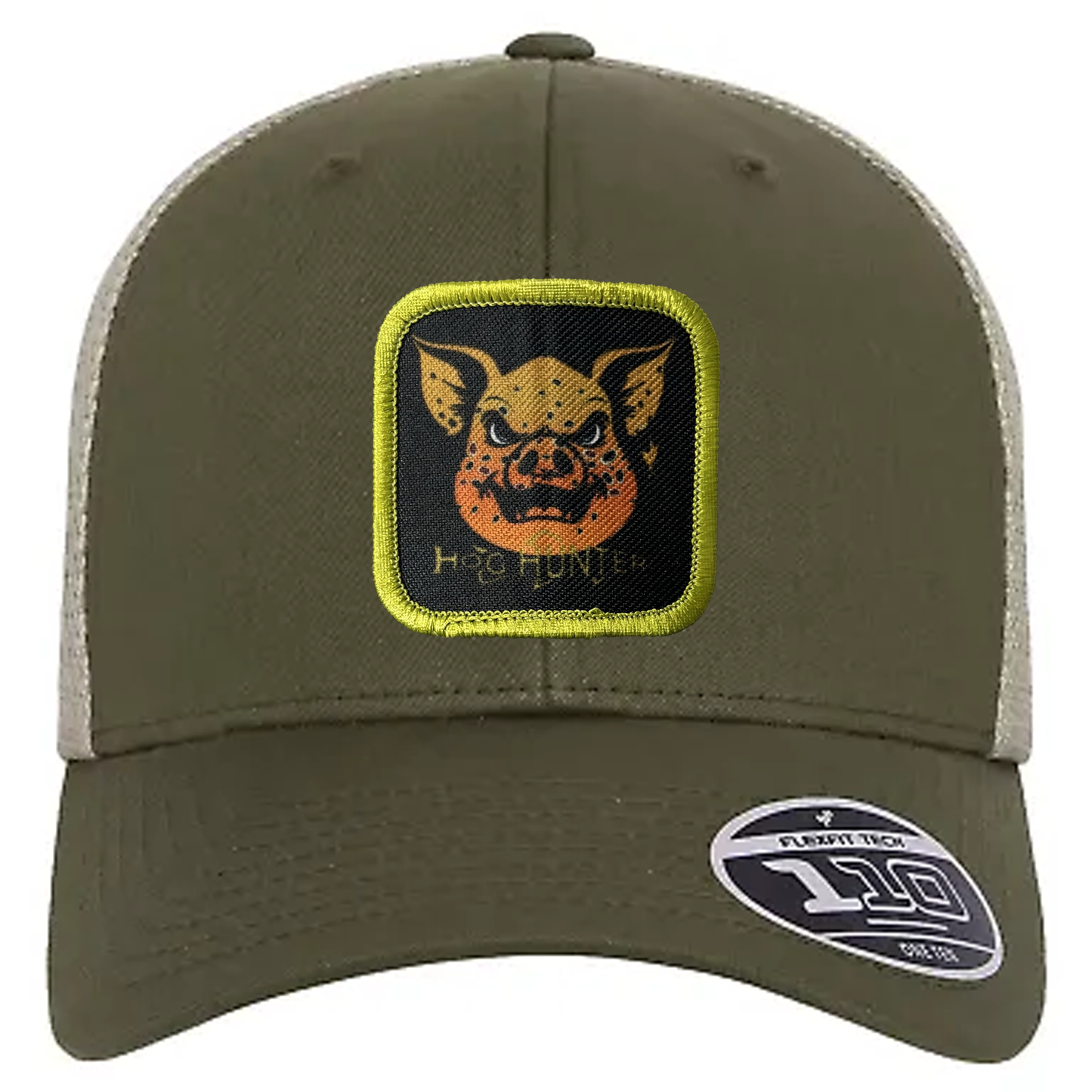 Hog Hunter Trucker Hat on moss cap.  Headwater Canyon brown trout design.