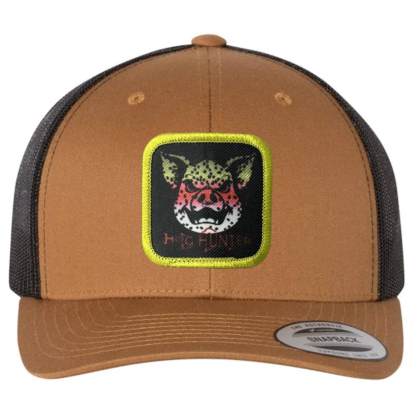 Hog Hunter Trucker Hat on Caramel Cap.  Headwater Canyon Rainbow Trout design.