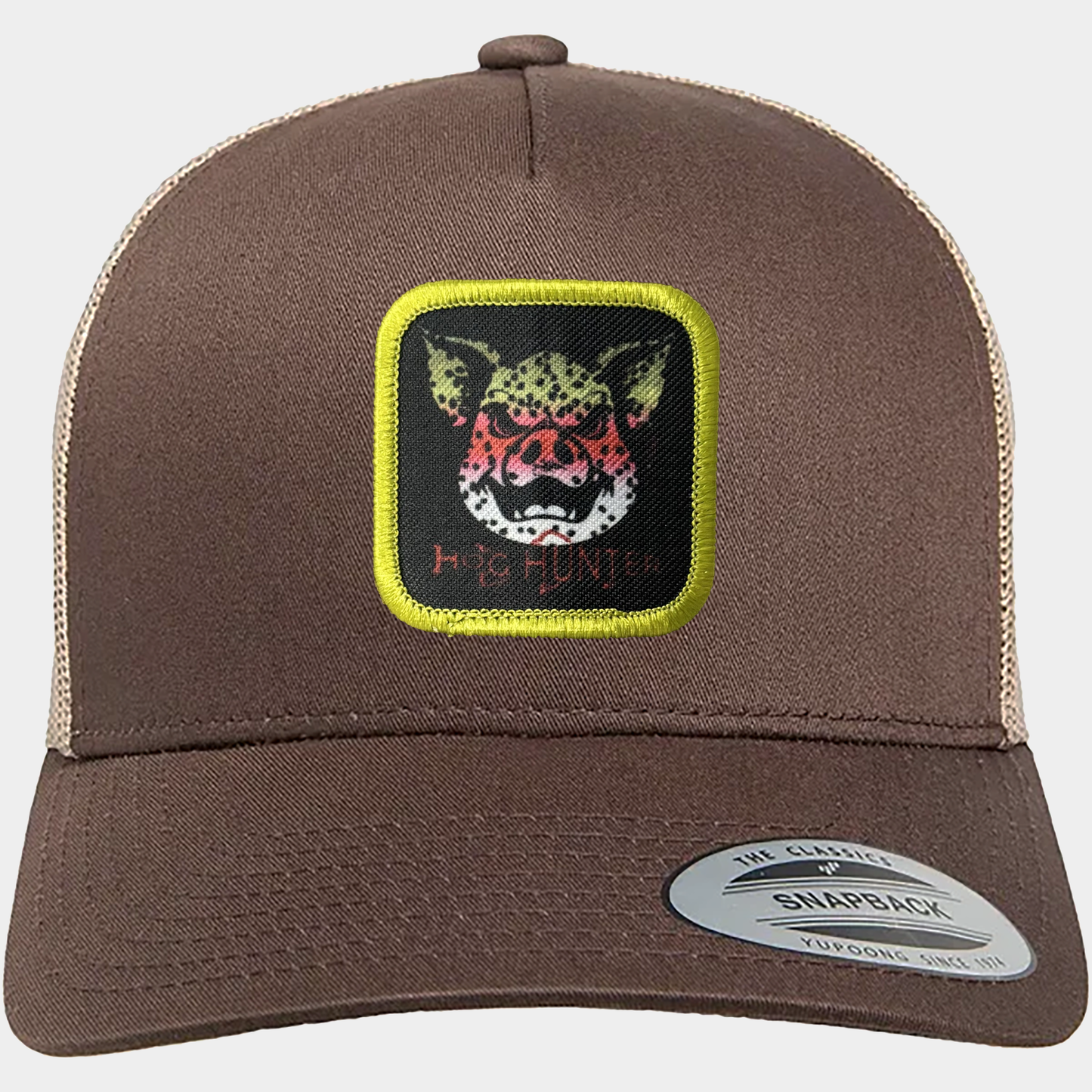 Hog Hunter Trucker Hat on Coyote Brown Cap.  Headwater Canyon Rainbow Trout design.