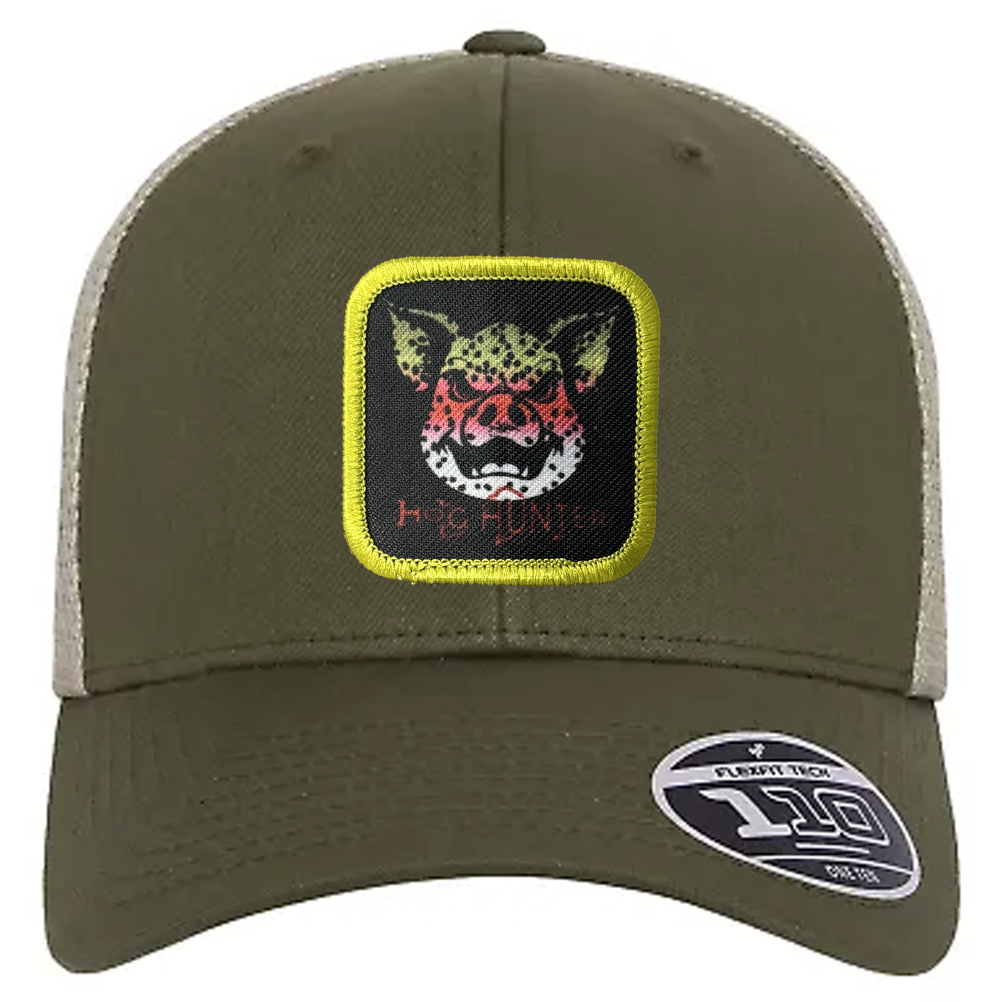Hog Hunter Trucker Hat on moss cap.  Headwater Canyon Rainbow Trout design.