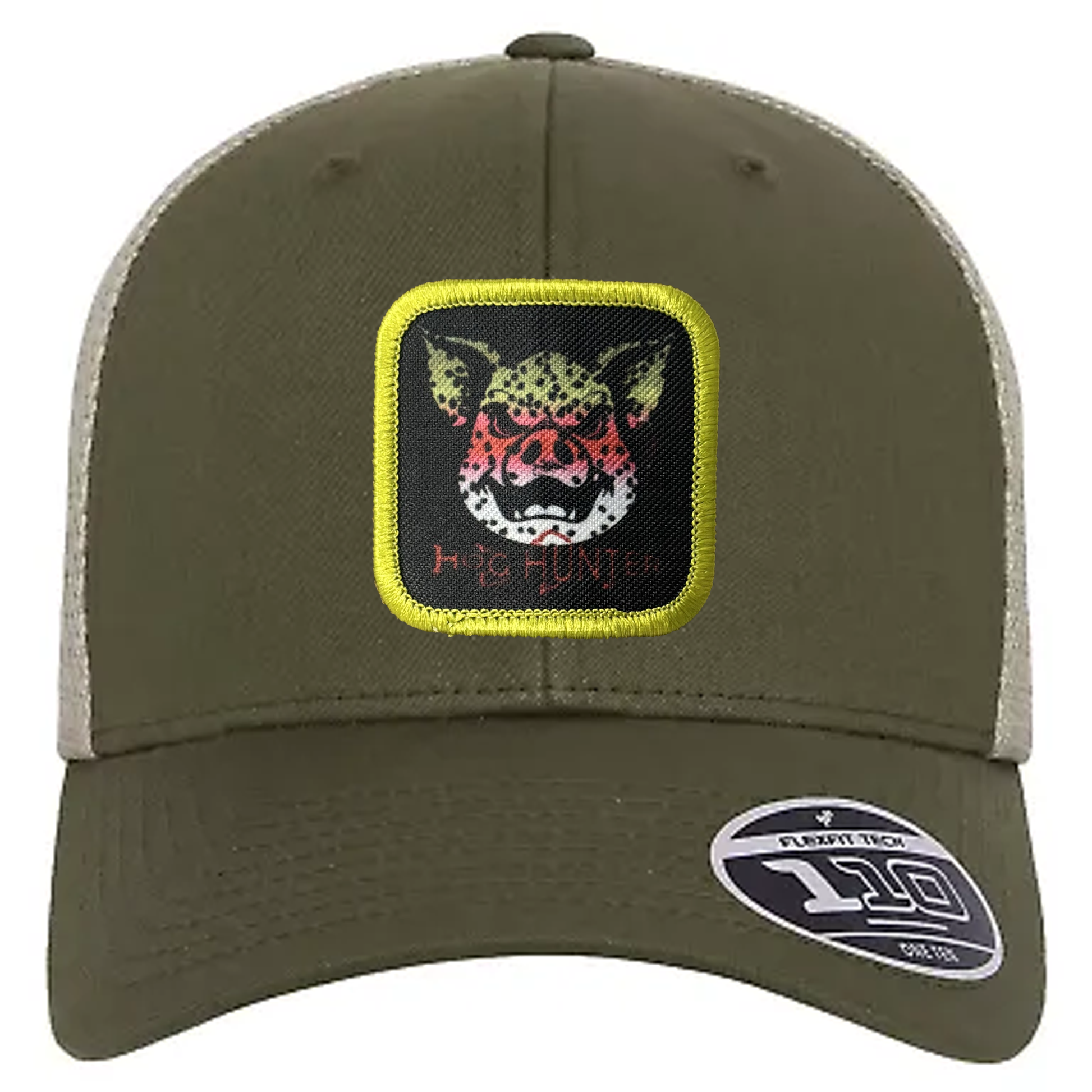 Hog Hunter Trucker Hat on moss cap.  Headwater Canyon Rainbow Trout design.