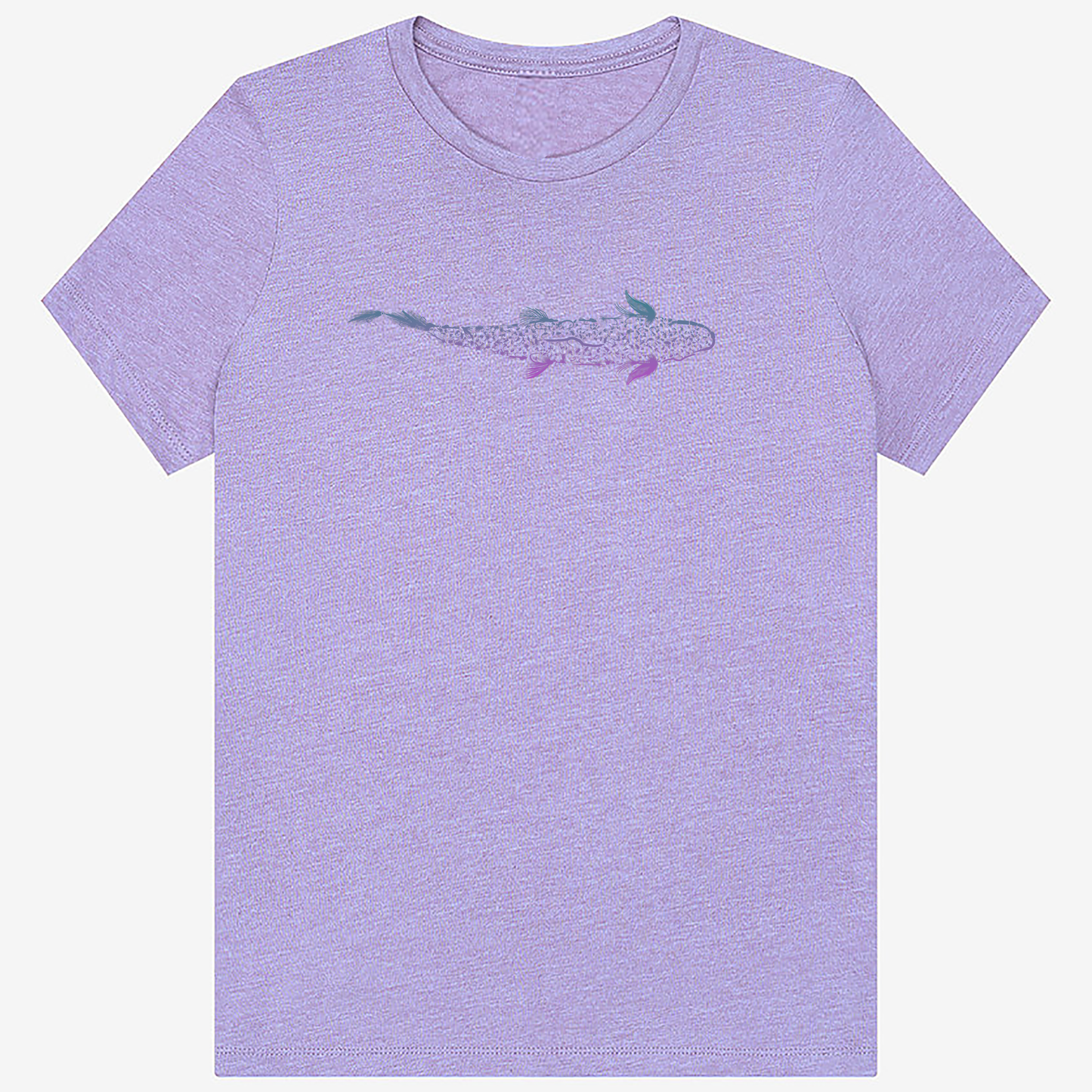 Women's fly fishing t shirt.  Lavender colored women's tee.  Trout is Fly Tee by Headwater Canyon.  Fishing flies form a trout.