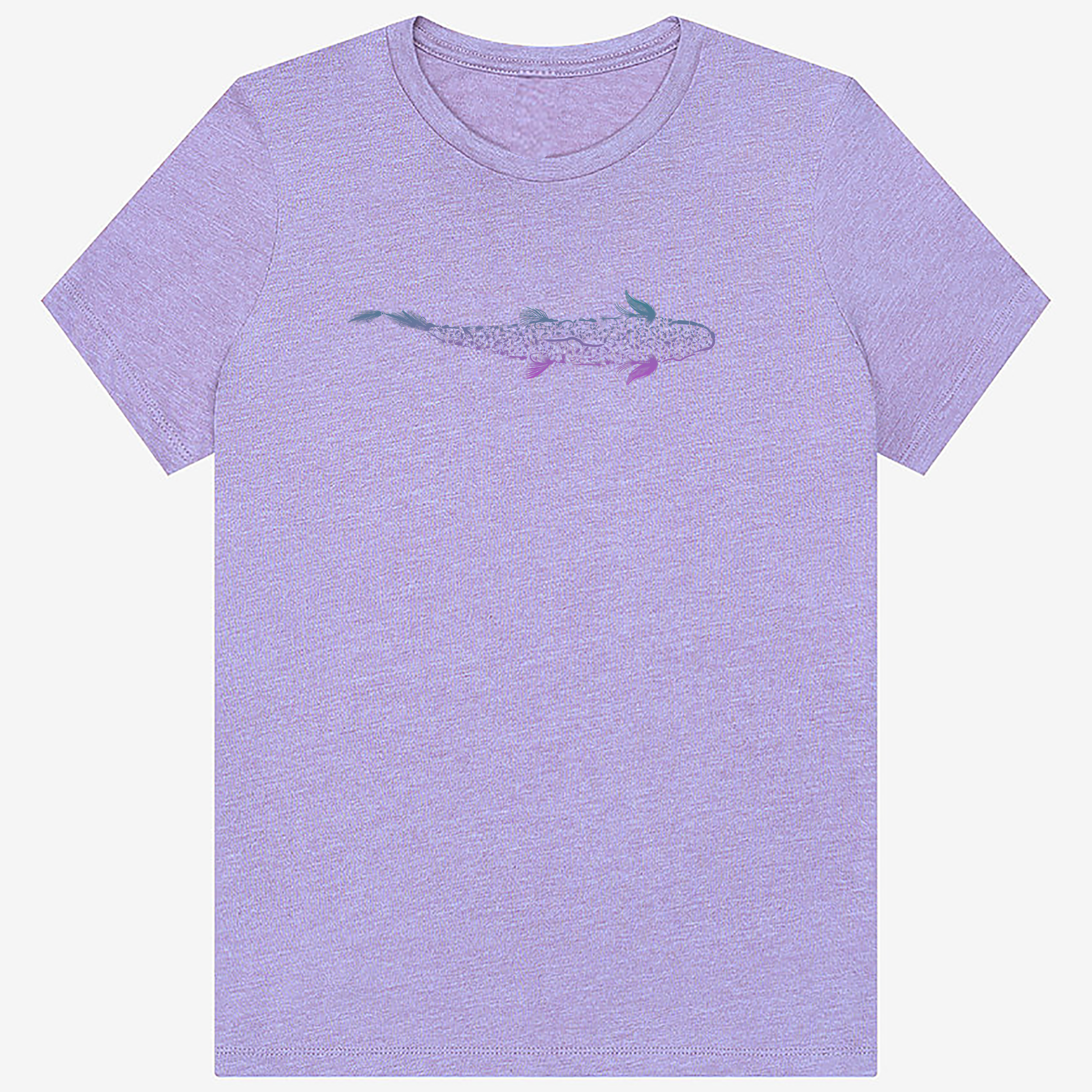 Women's fly fishing t shirt.  Lavender colored women's tee.  Trout is Fly Tee by Headwater Canyon.  Fishing flies form a trout.