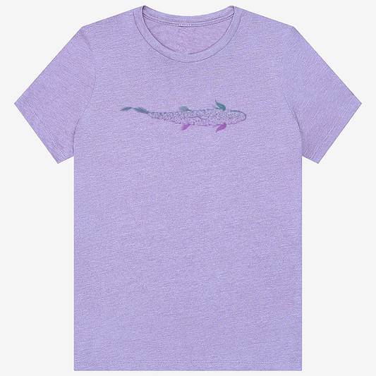 Women's fly fishing t shirt.  Lavender colored women's tee.  Trout is Fly Tee by Headwater Canyon.  Fishing flies form a trout.