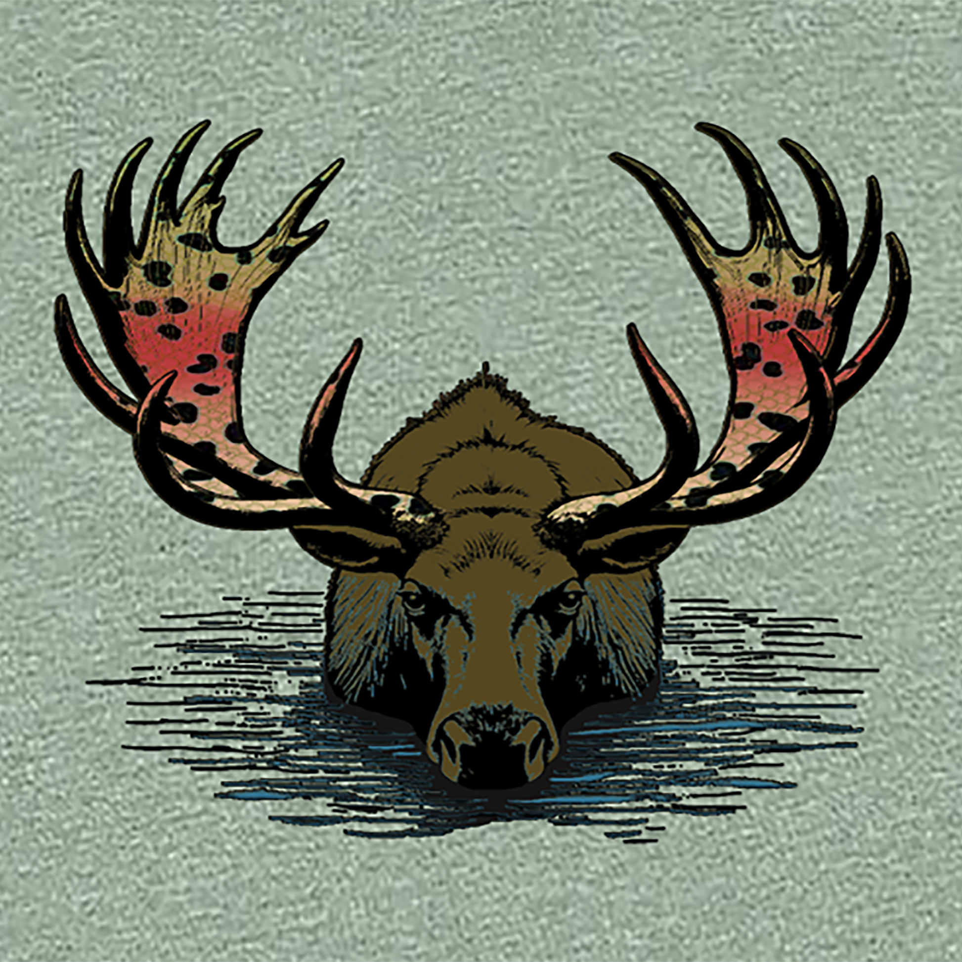 Women's fly fishing t shirt.  Sage colored women's tee.  Rainbull Tee by Headwater Canyon.  Fly fishing shirt depicts a moose in the water with a rainbow trout pattern on his horns.