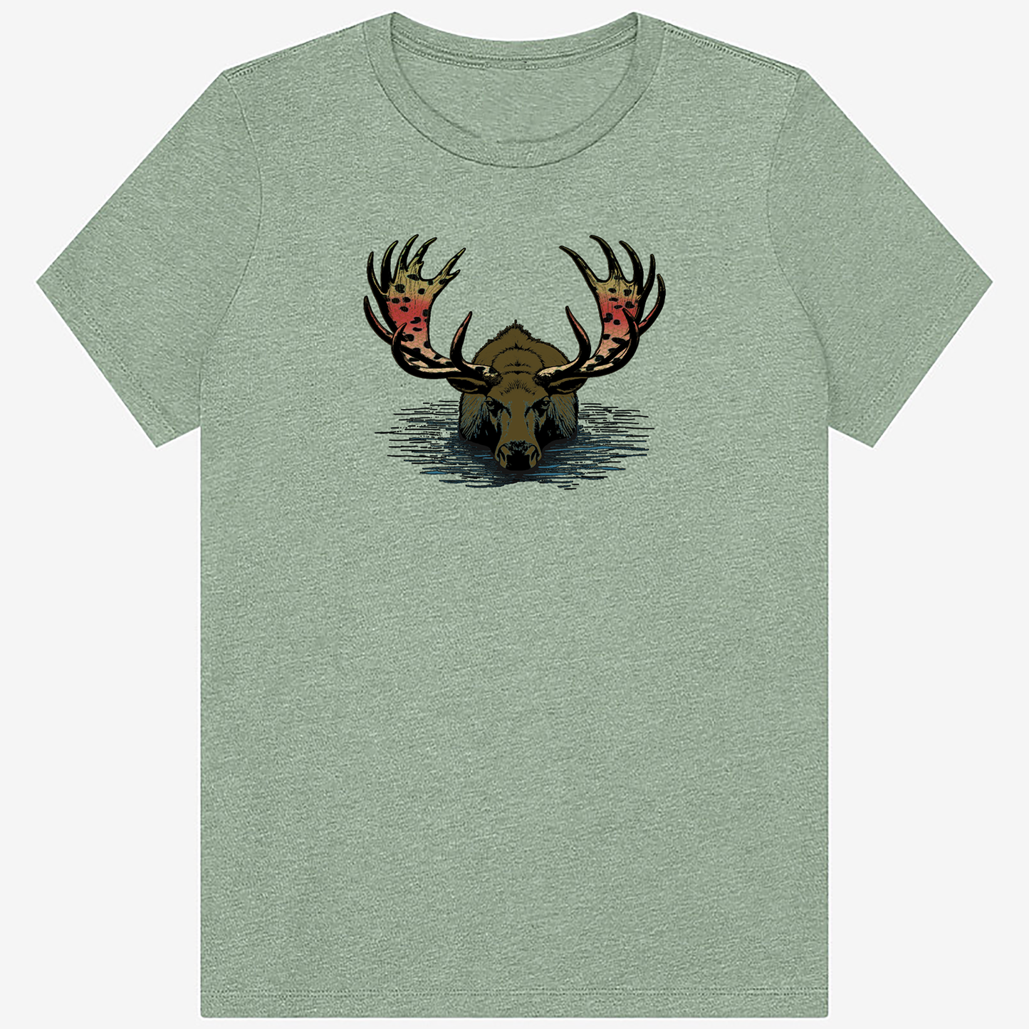 Women's fly fishing t shirt.  Sage colored women's tee.  Rainbull Tee by Headwater Canyon.  Fly fishing shirt depicts a moose in the water with a rainbow trout pattern on his horns.
