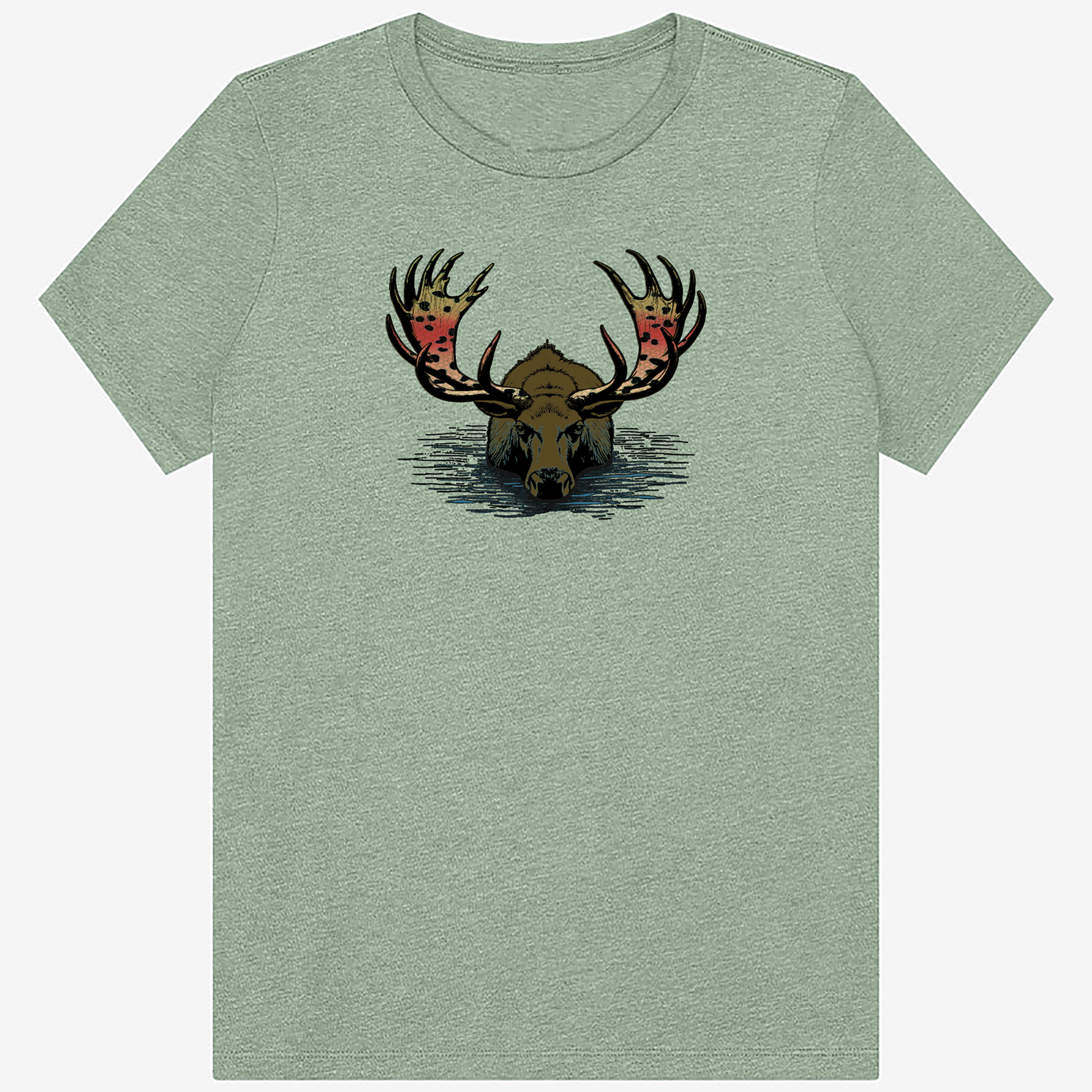 Women's fly fishing t shirt.  Sage colored women's tee.  Rainbull Tee by Headwater Canyon.  Fly fishing shirt depicts a moose in the water with a rainbow trout pattern on his horns.