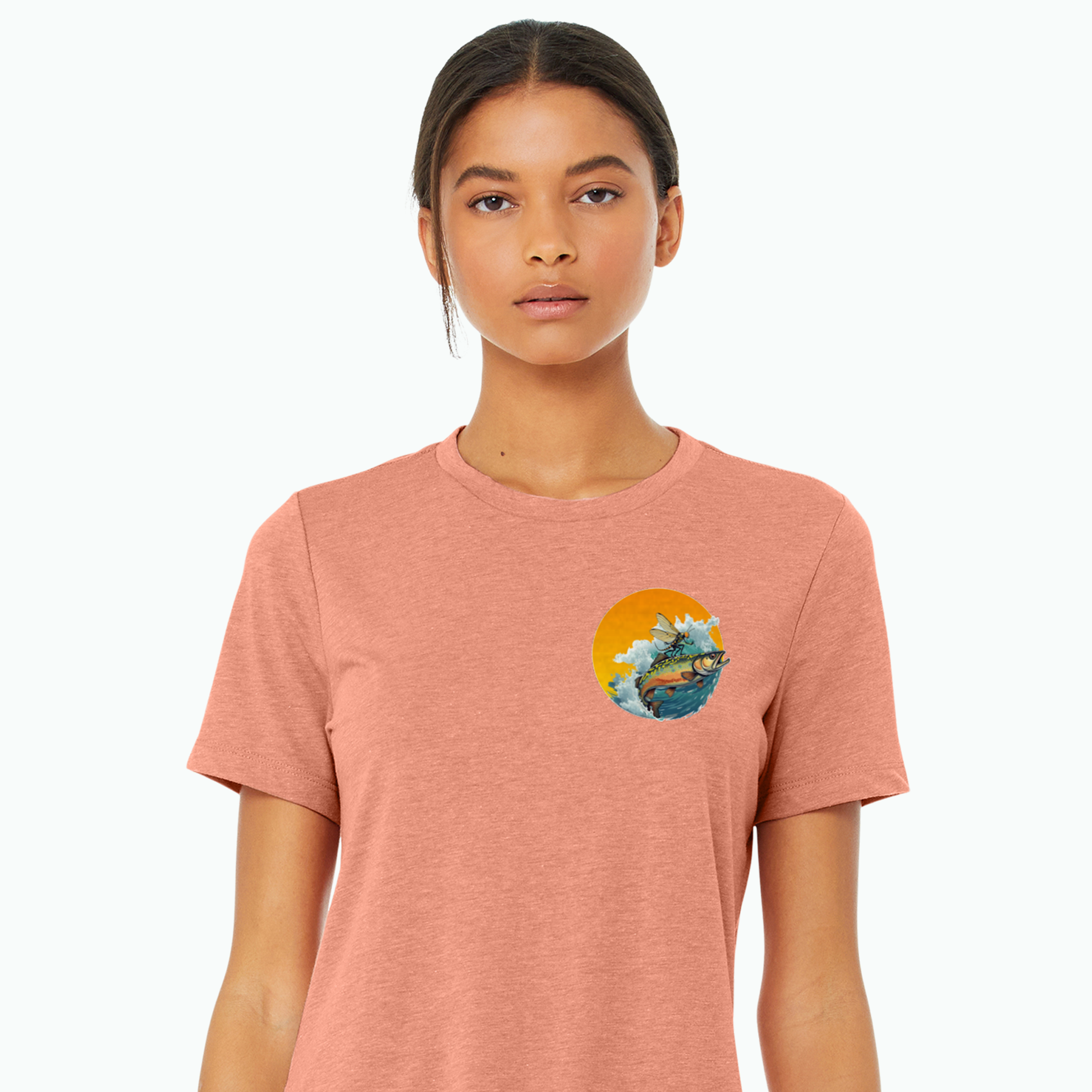 Picture of a woman wearing the Women's fly fishing t shirt.  Brook Surfing tee by Headwater Canyon.