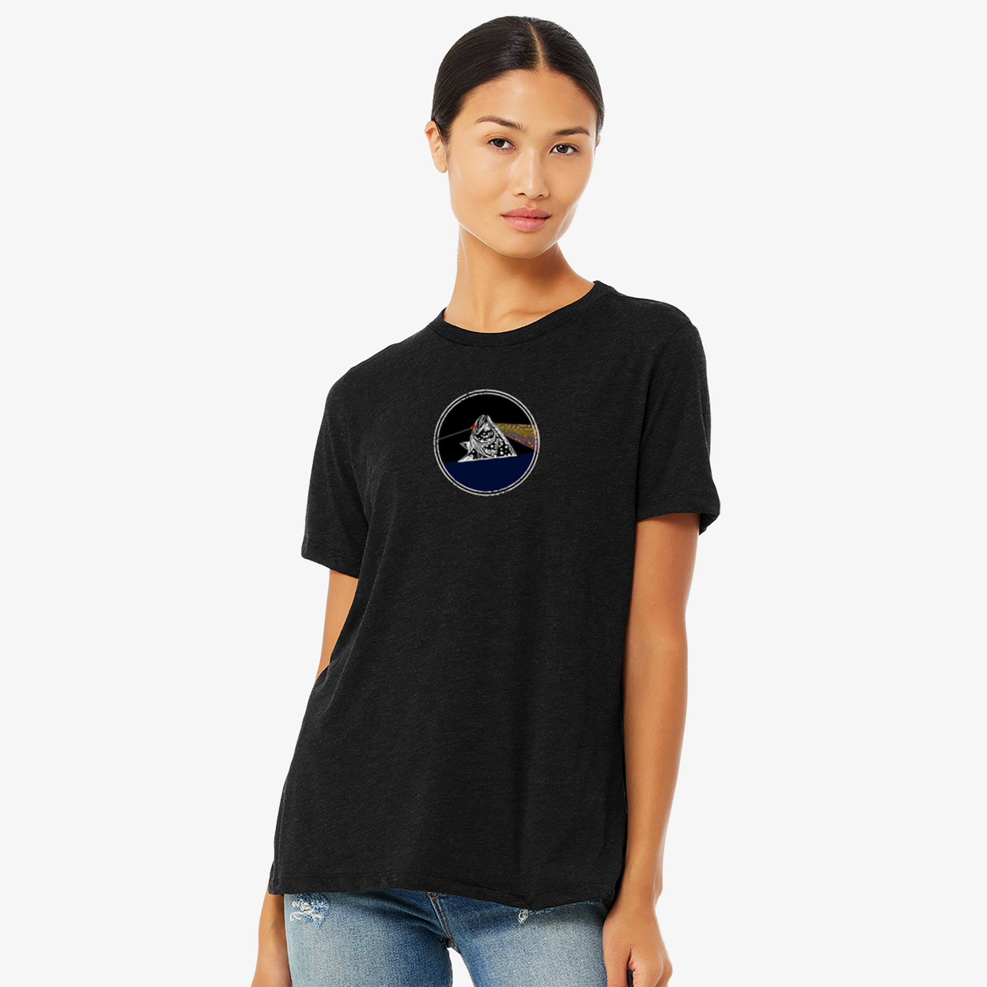Women's fly fishing t shirt.  Black colored women's tee.  Fish You Were Here Tee by Headwater Canyon.  Fly fishing shirt depicts Pink Floyd Dark Side of the Moon t shirt on a woman.