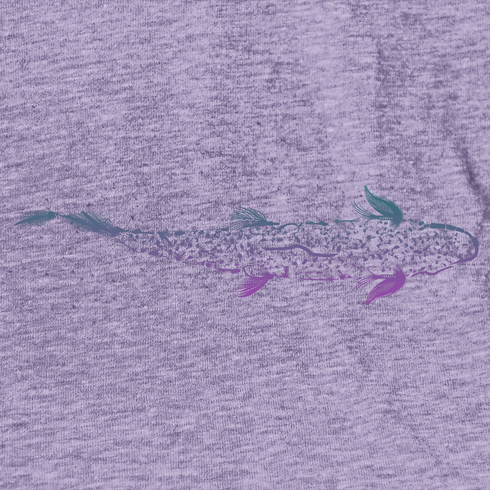 Close up of aWomen's fly fishing t shirt.  Lavender colored women's tee.  Trout is Fly Tee by Headwater Canyon.  Fishing flies form a trout.