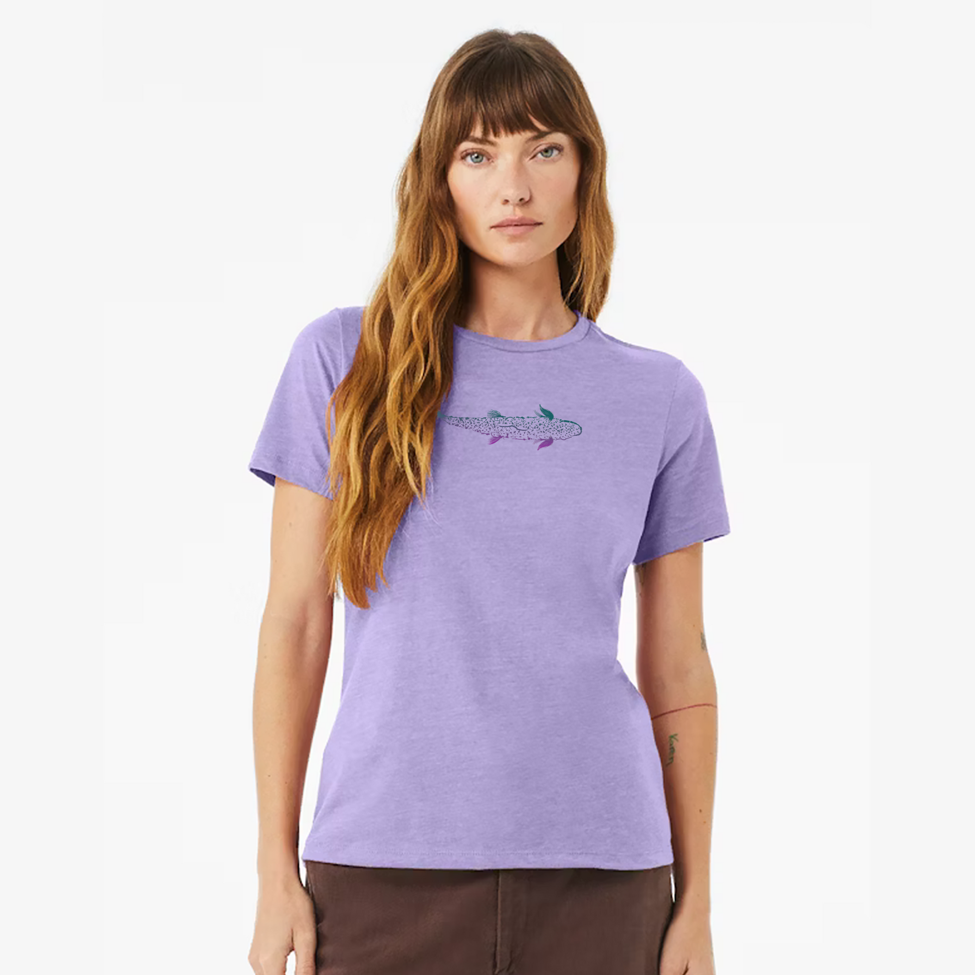 Women's fly fishing t shirt.  Lavender colored women's tee.  Trout is Fly Tee by Headwater Canyon.  Fishing flies form a trout.