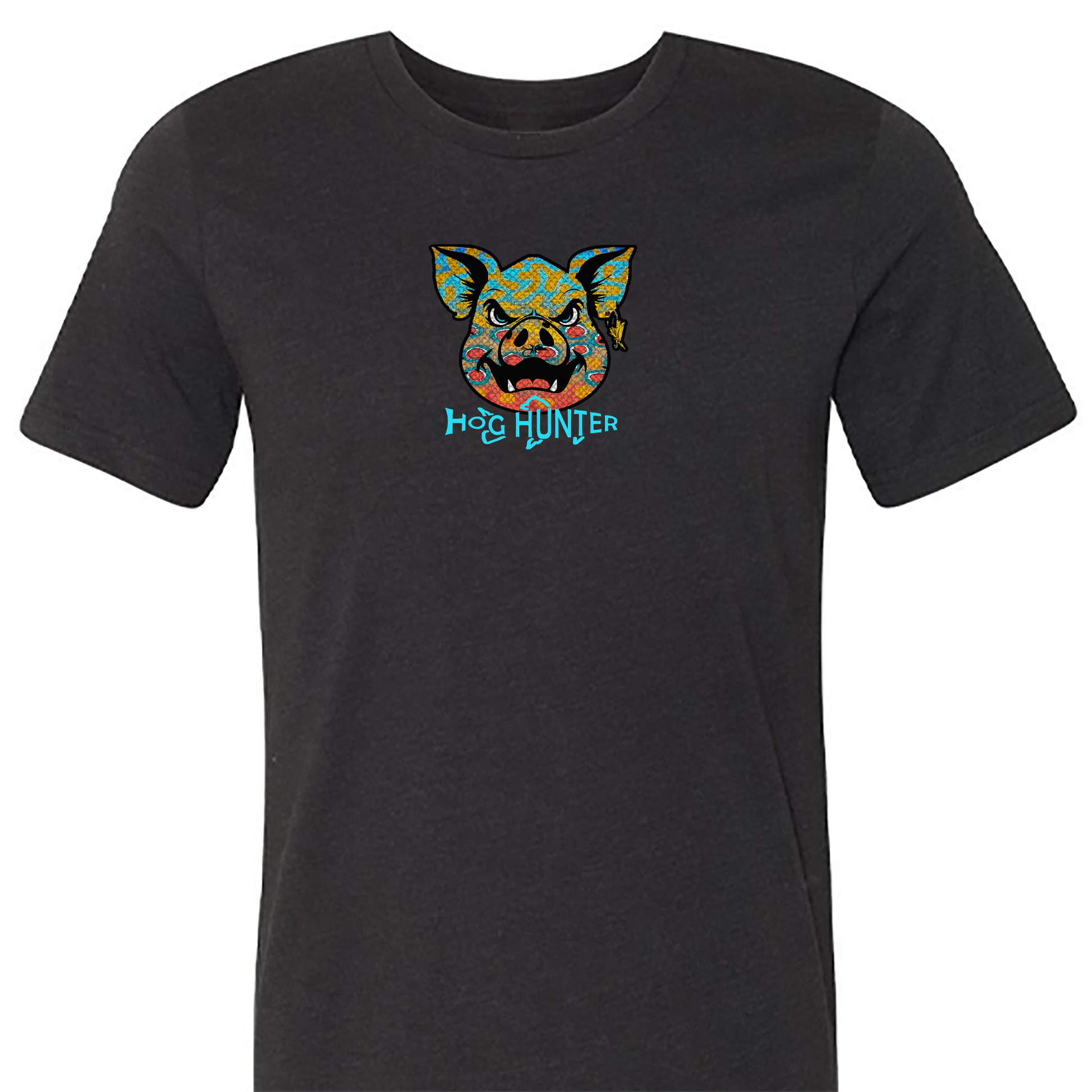 The Brookie Hog Hunter Tee Shirt features the Headwater Hog in a rainbow trout pattern.  Fly fishing t shirt in black.