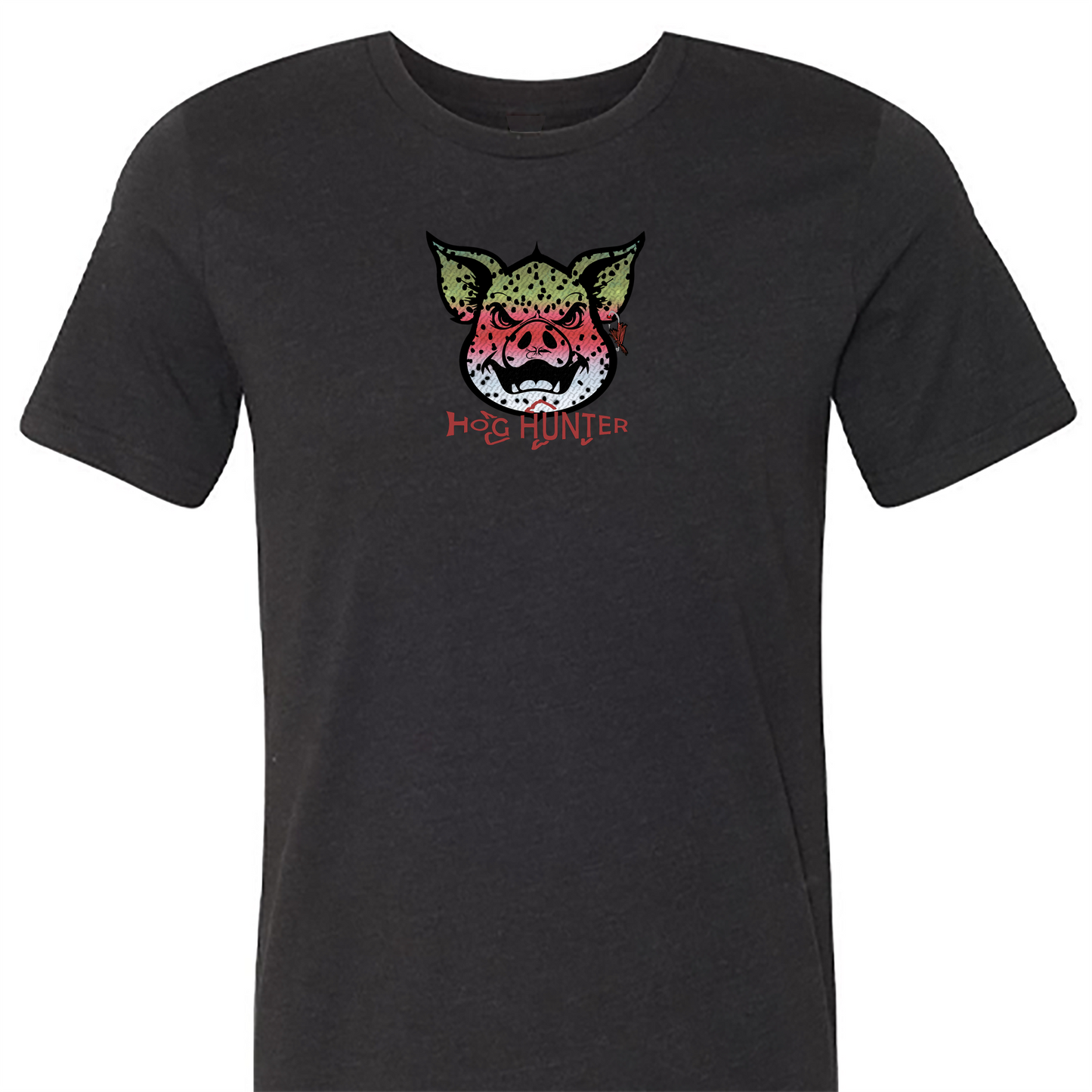 The Rainbow Hog Hunter Tee Shirt features the Headwater Hog in a rainbow trout pattern.  Fly fishing t shirt in black.