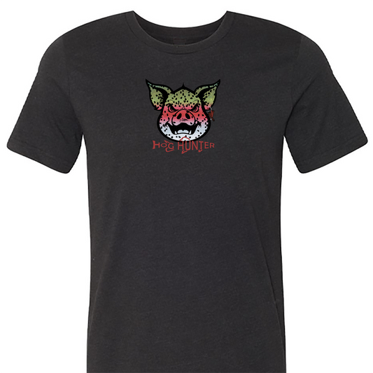 The Rainbow Hog Hunter Tee Shirt features the Headwater Hog in a rainbow trout pattern.  Fly fishing t shirt in black.