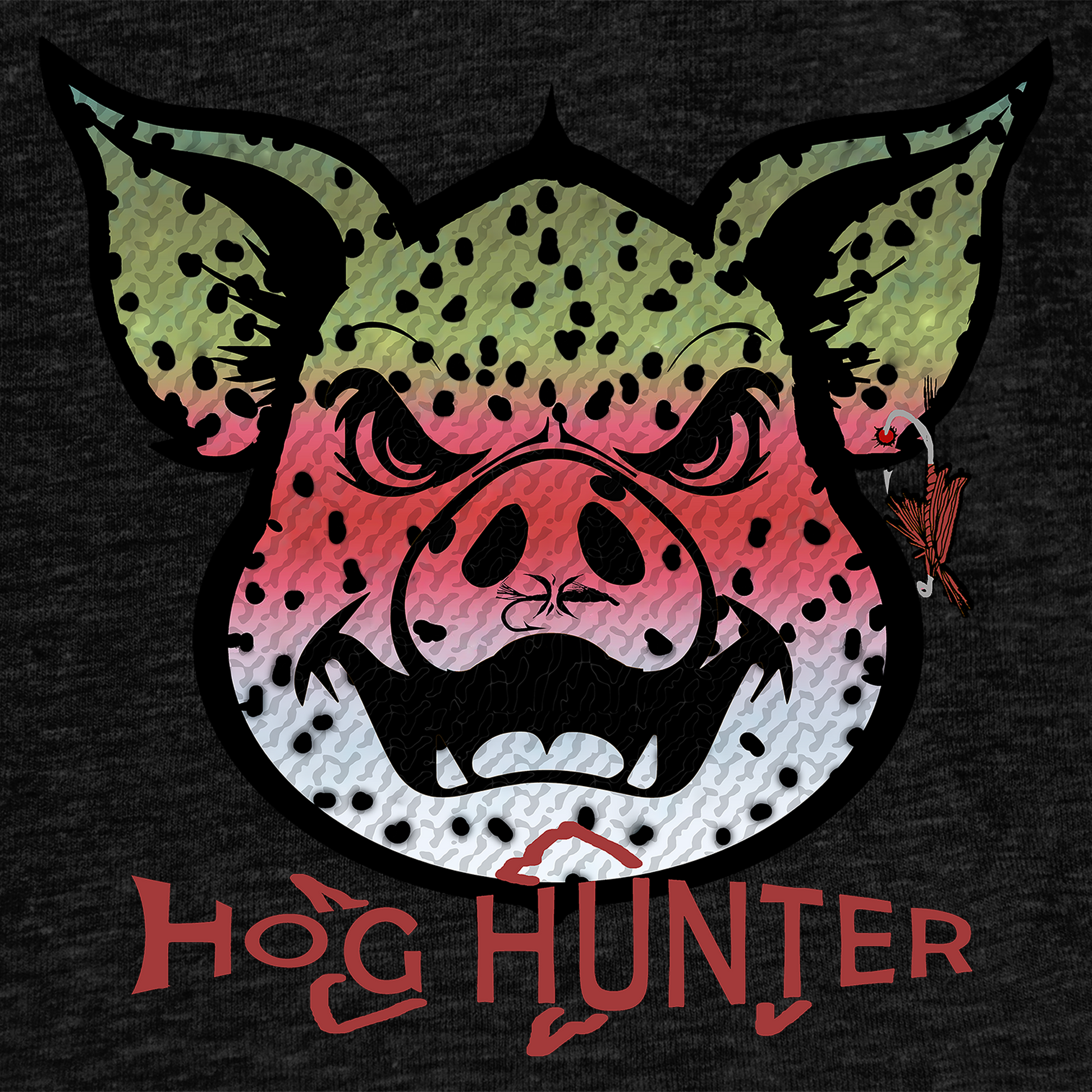 The Rainbow Hog Hunter Tee Shirt features the Headwater Hog in a rainbow trout pattern.  Fly fishing t shirt in black.