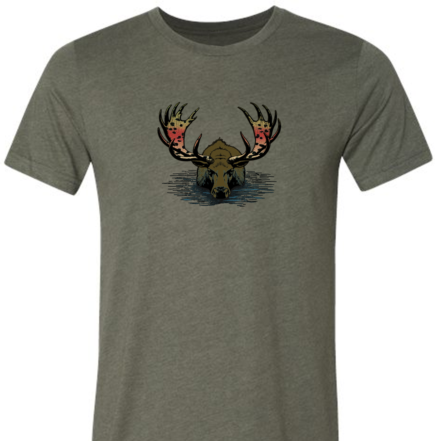 Military Green colored t shirt for fly fishing.  The Headwater Canyon Rainbull tee shirt features a bull moose in the water with rainbow trout pattern on his rack.