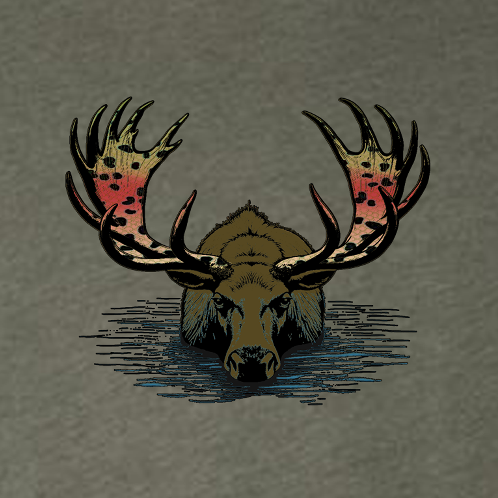 Military Green colored t shirt for fly fishing.  The Headwater Canyon Rainbull tee shirt features a bull moose in the water with rainbow trout pattern on his rack.