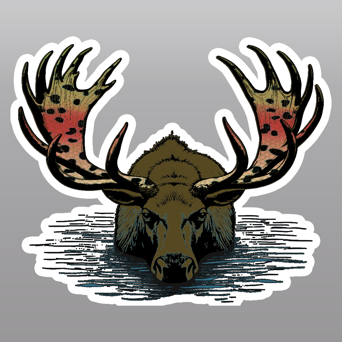 Fly fishing vinyl decal of  a moose with rainbow trout pattern.