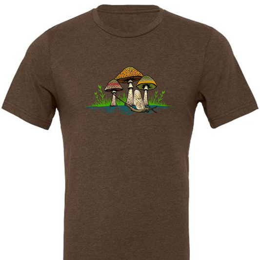Brown fly fishing t shirt. Photo of Headwater Canyon Seems Fishy tee featuring fly tying tools as a person casting a fly rod.