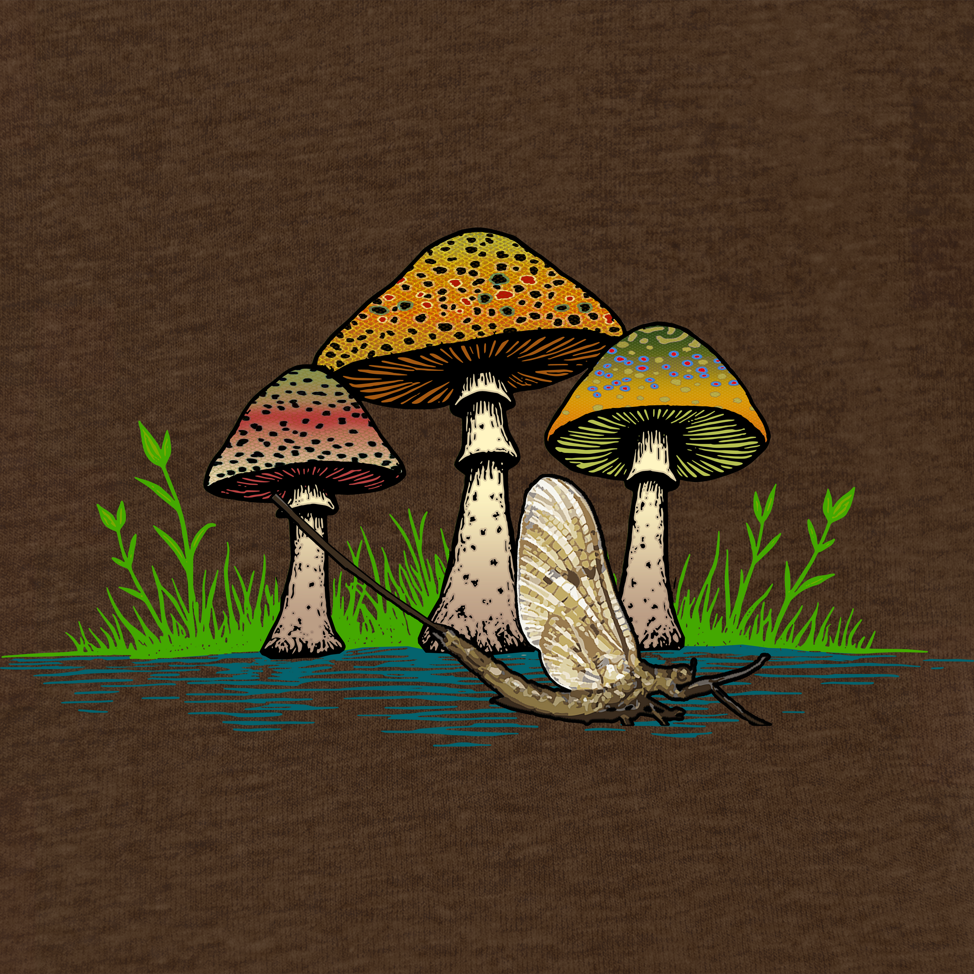 a close up of a t shirt with mushrooms with trout patterns behind a mayfly.  Fly fishing tee.