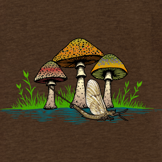 a close up of a t shirt with mushrooms with trout patterns behind a mayfly.  Fly fishing tee.