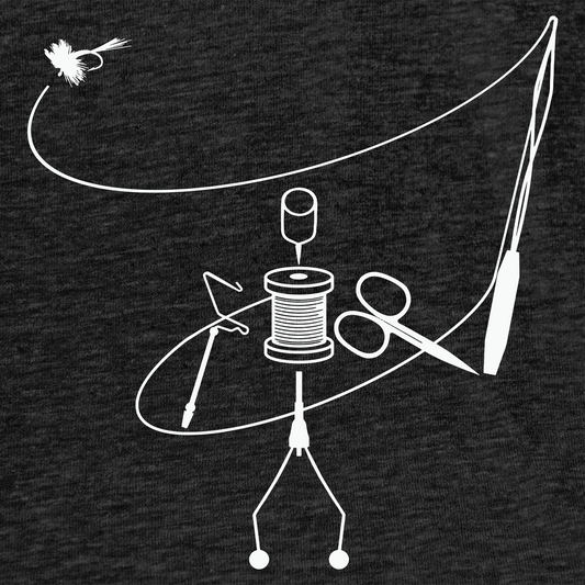 Black fly fishing t shirt. Photo of Headwater Canyon Tie and Fly tee featuring fly tying tools as a person casting a fly rod.  Close up