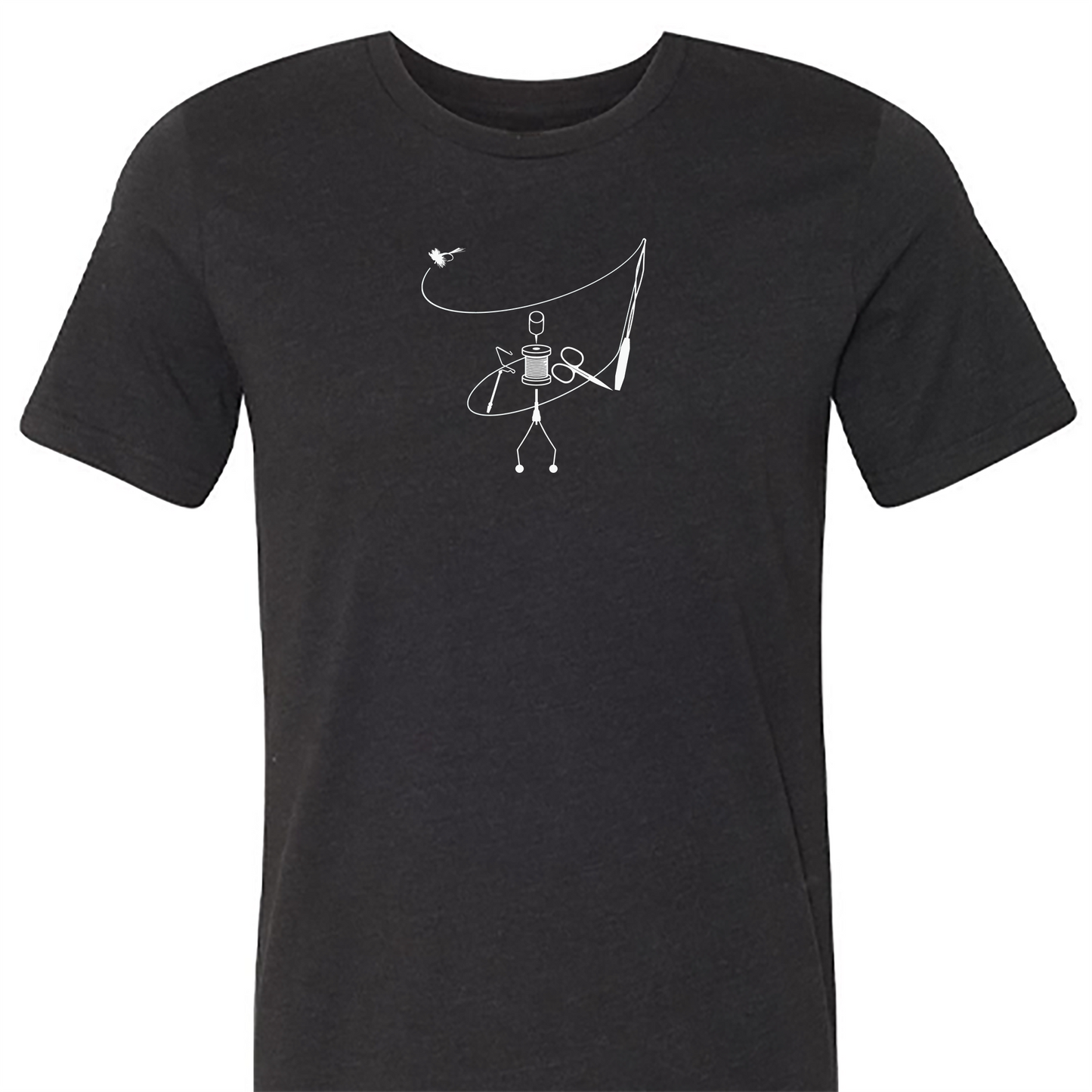 Black fly fishing t shirt. Photo of Headwater Canyon Tie and Fly tee featuring fly tying tools as a person casting a fly rod.