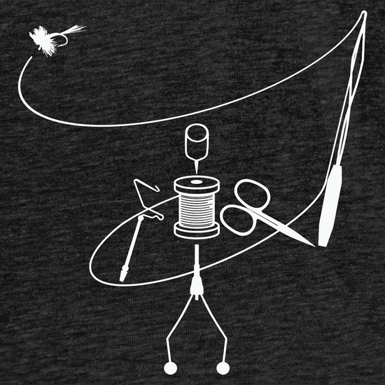 Fly fishing t shirt.  Headwater Canyon back shirt features fly tying tools casting a fly fishing rod.
