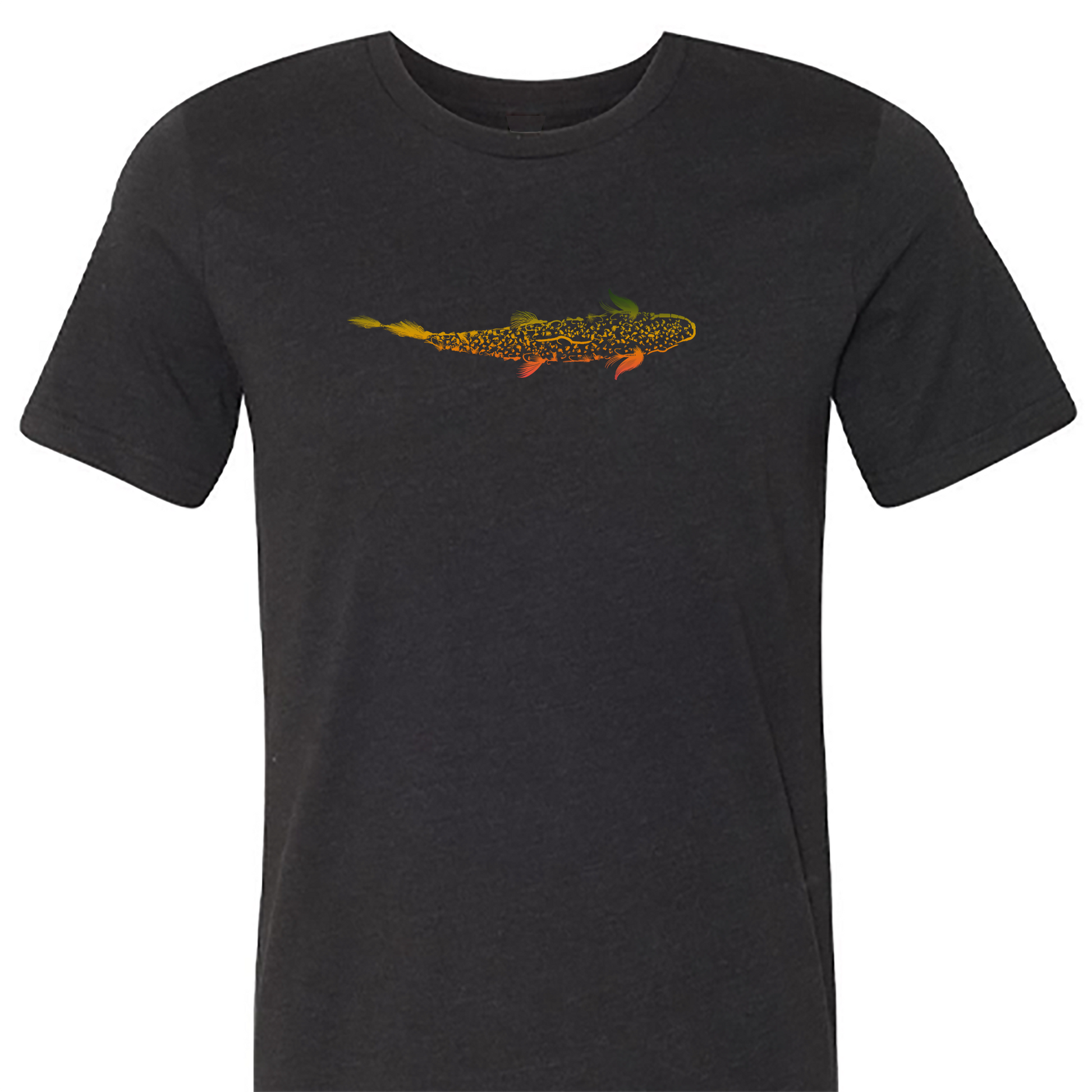 Black t shirt for fly fishing.  The Headwater Canyon Trout is Fly tee shirt features multiple fly fishing flies making up a trout.