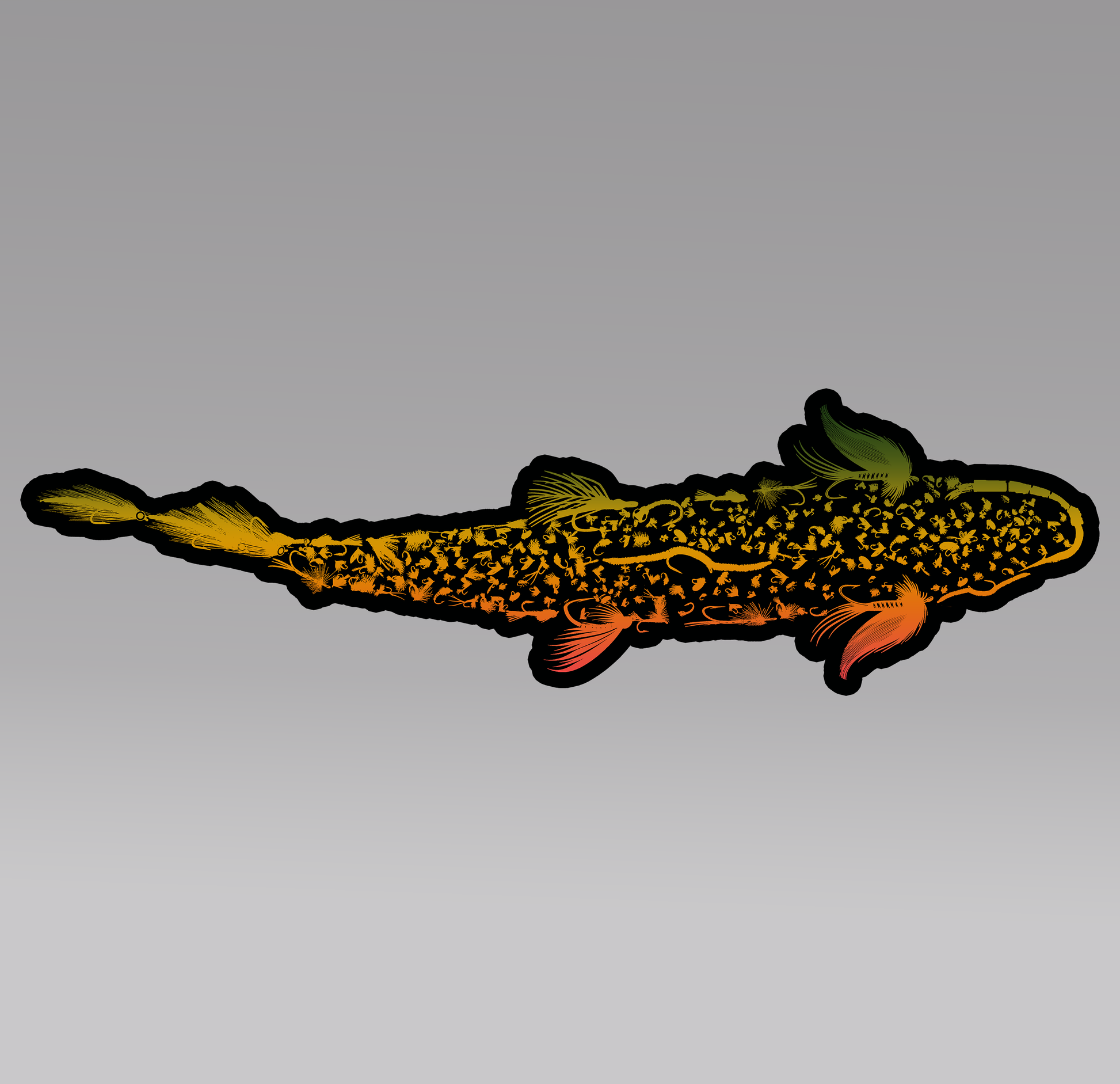 Fly fishing decal of a trout comprised of various fishing flies