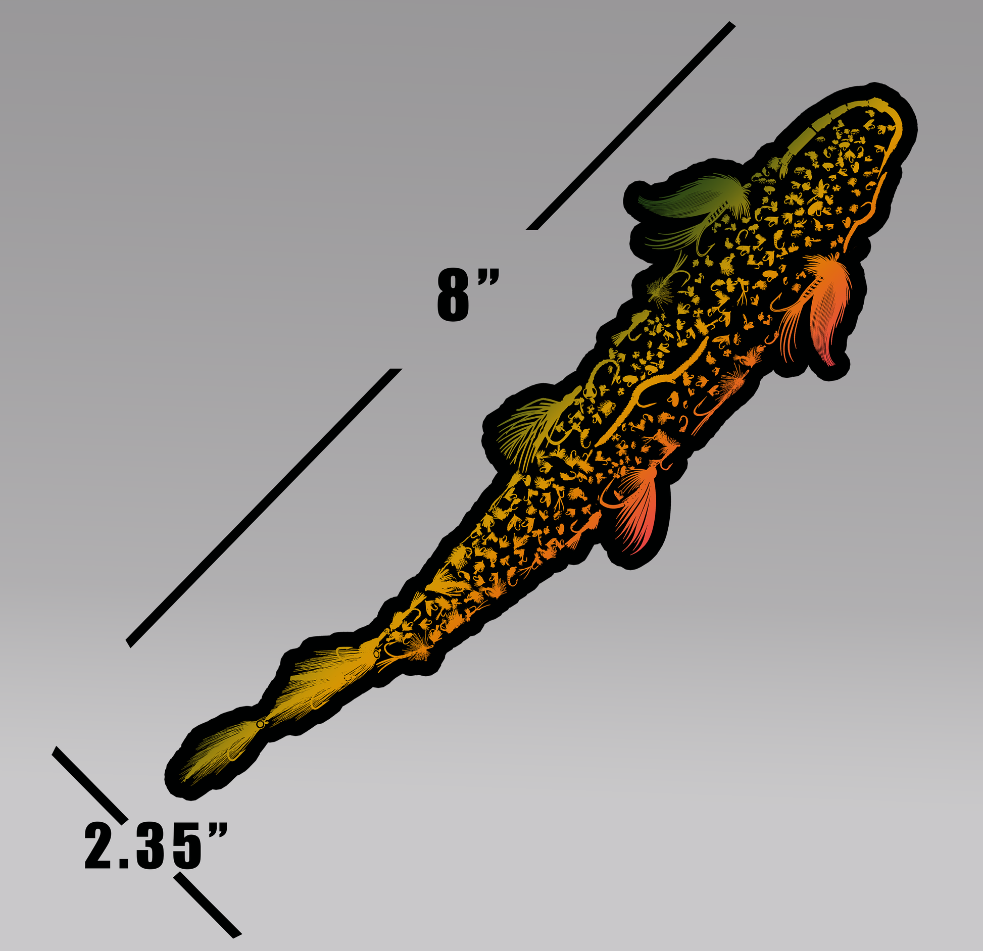 Fly fishing decal of a trout comprised of various fishing flies. 8" X 2.35" Sticker.