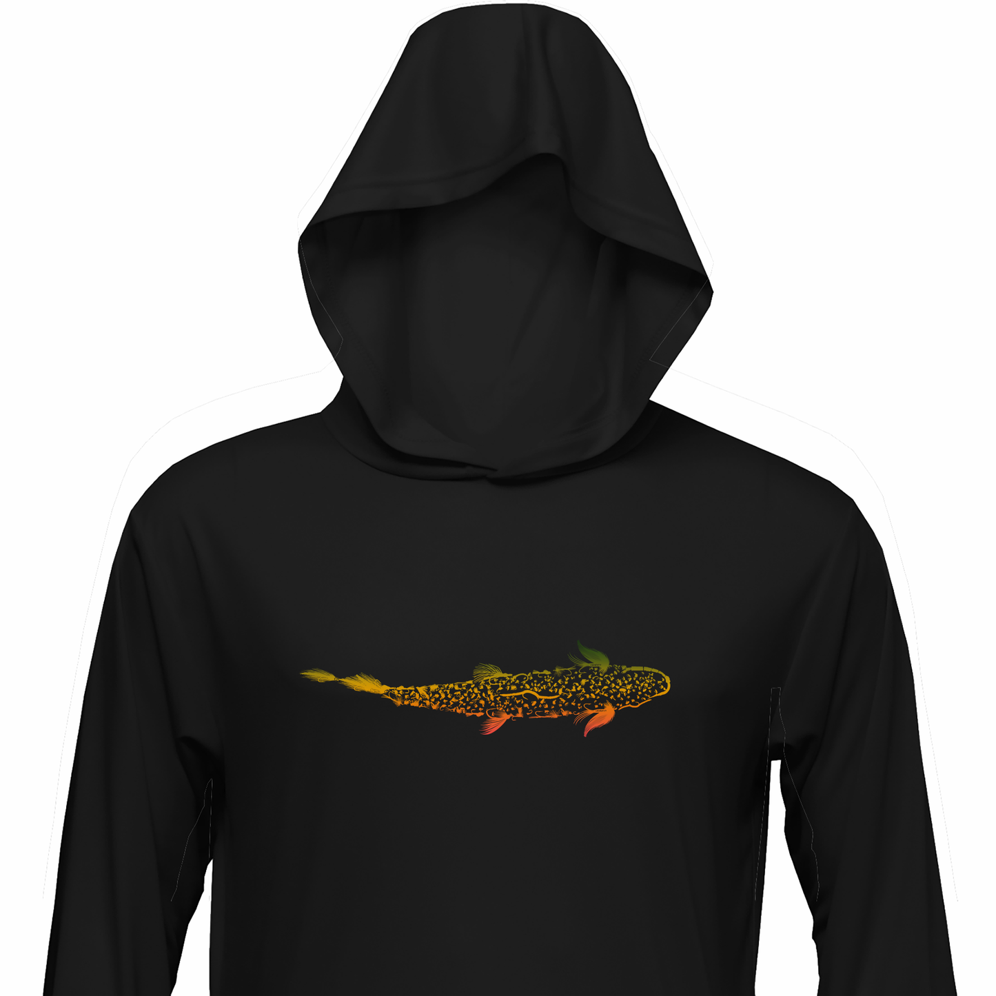 Solid Black Sun Hoodie for fly fishing.  The Headwater Canyon Trout is Fly sun protection hooded performance shirt features a numerous fly fishing flies making a trout.