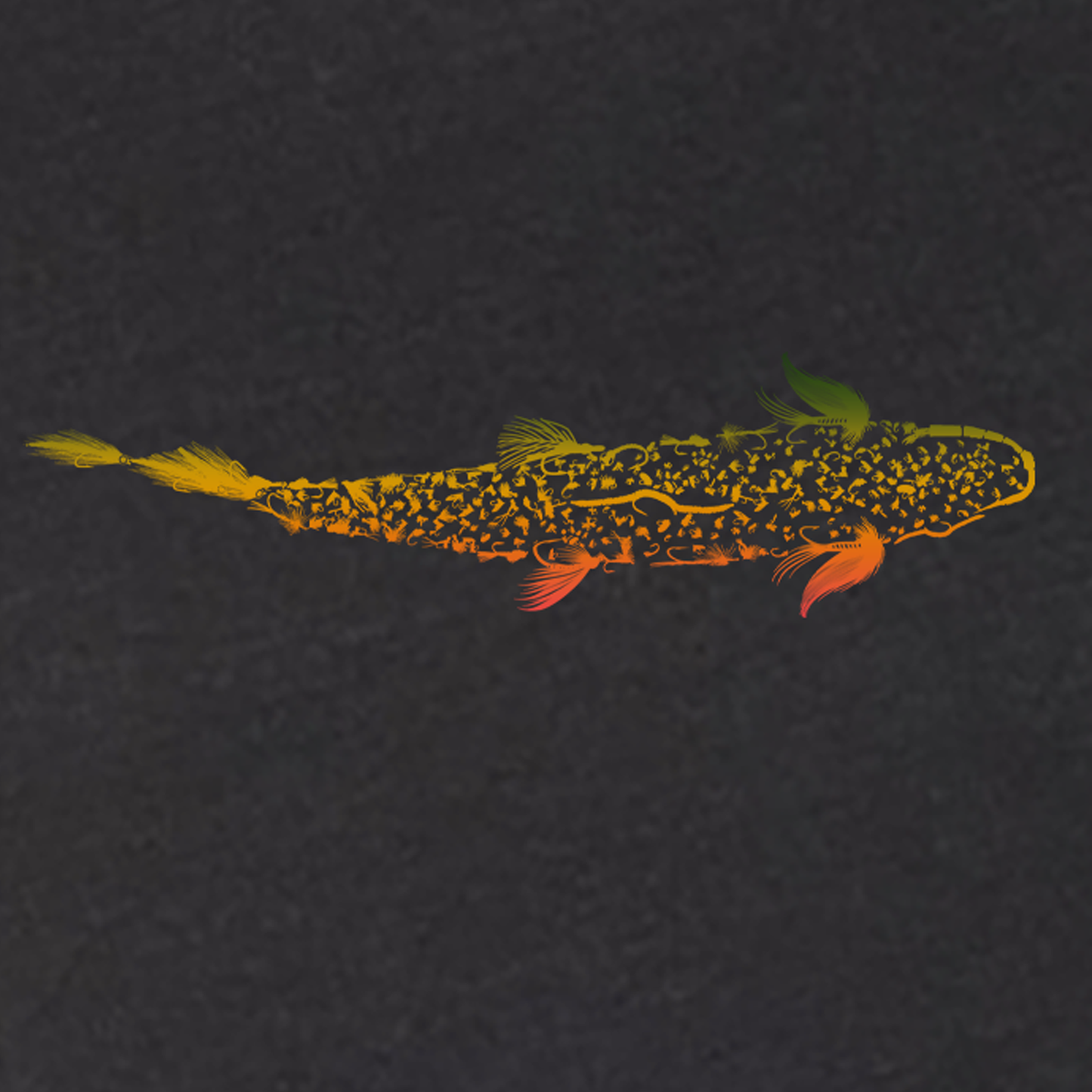 Black t shirt for fly fishing.  The Headwater Canyon Trout is Fly tee shirt features multiple fly fishing flies making up a trout.  Close up of graphic.
