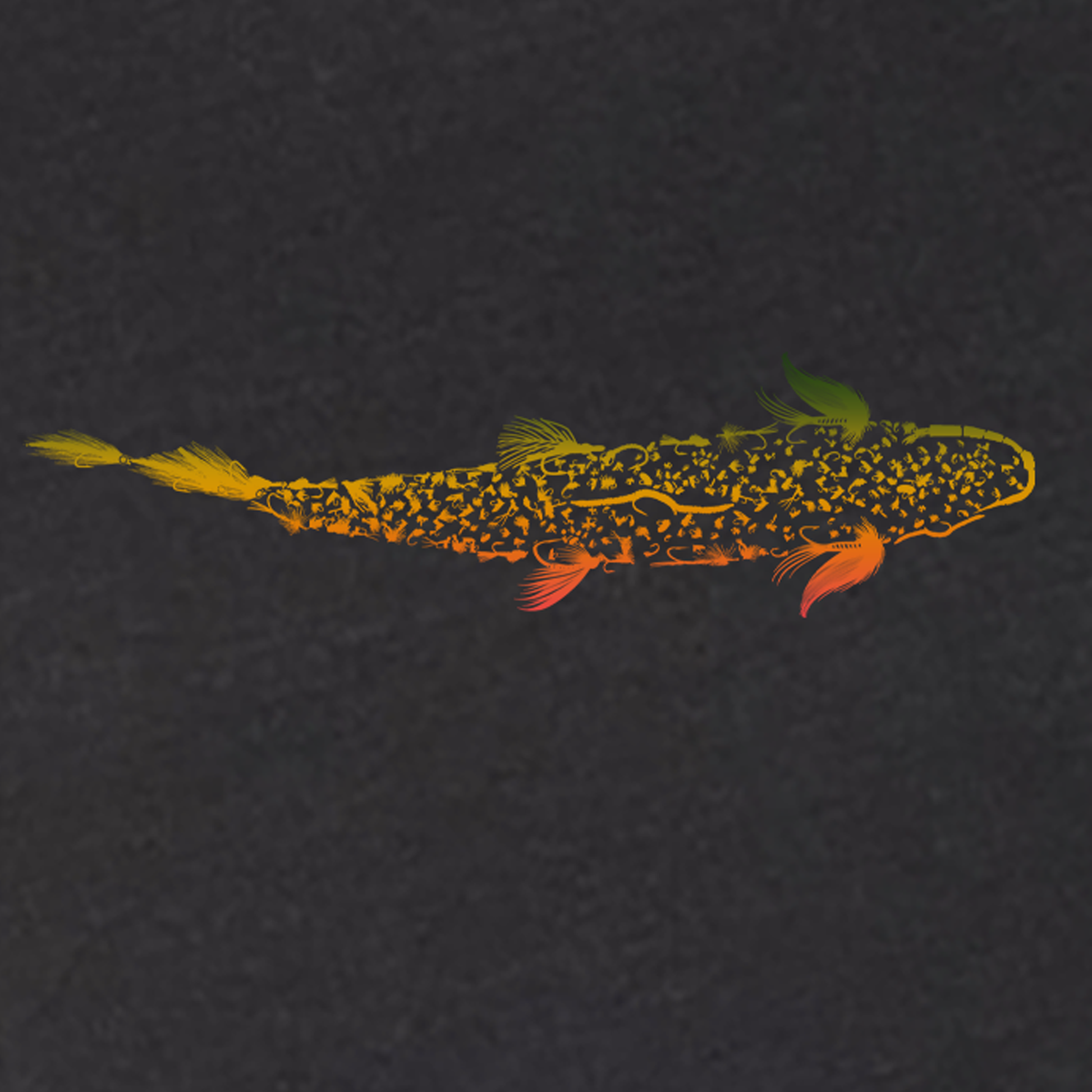 Black t shirt for fly fishing.  The Headwater Canyon Trout is Fly tee shirt features multiple fly fishing flies making up a trout.  Close up of graphic.