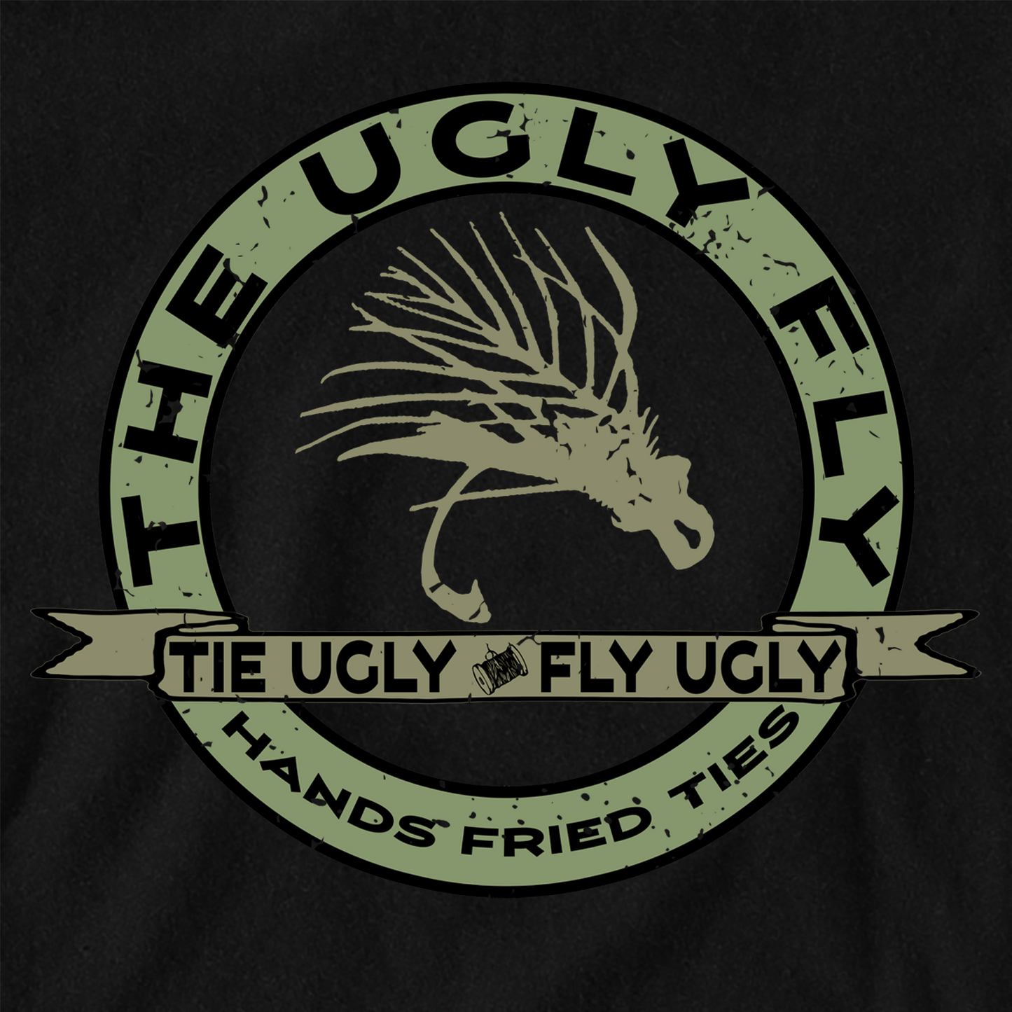 The Ugly fly Design by Headwater Canyon.  Fly Tying t shirt.  Fly fishing tee shirt.  Closeup.