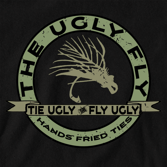 The Ugly fly Design by Headwater Canyon.  Fly Tying t shirt.  Fly fishing tee shirt.  Closeup.