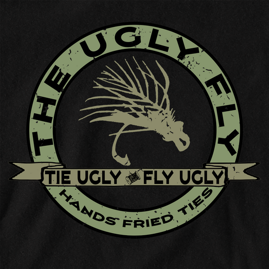 The Ugly fly Design by Headwater Canyon.  Fly Tying t shirt.  Fly fishing tee shirt.  Closeup.