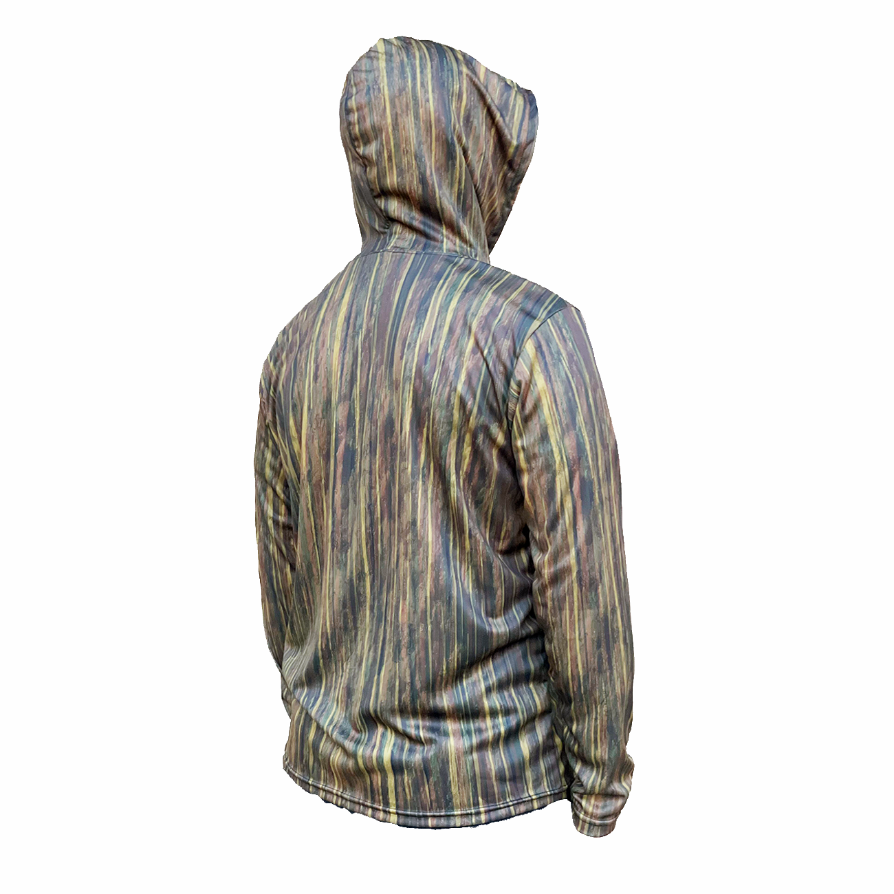 Back view of the Headwater Canyon Performance Sun Hoodie. Performance USA made sun protection. Canyon pattern sun protection hooded shirt.