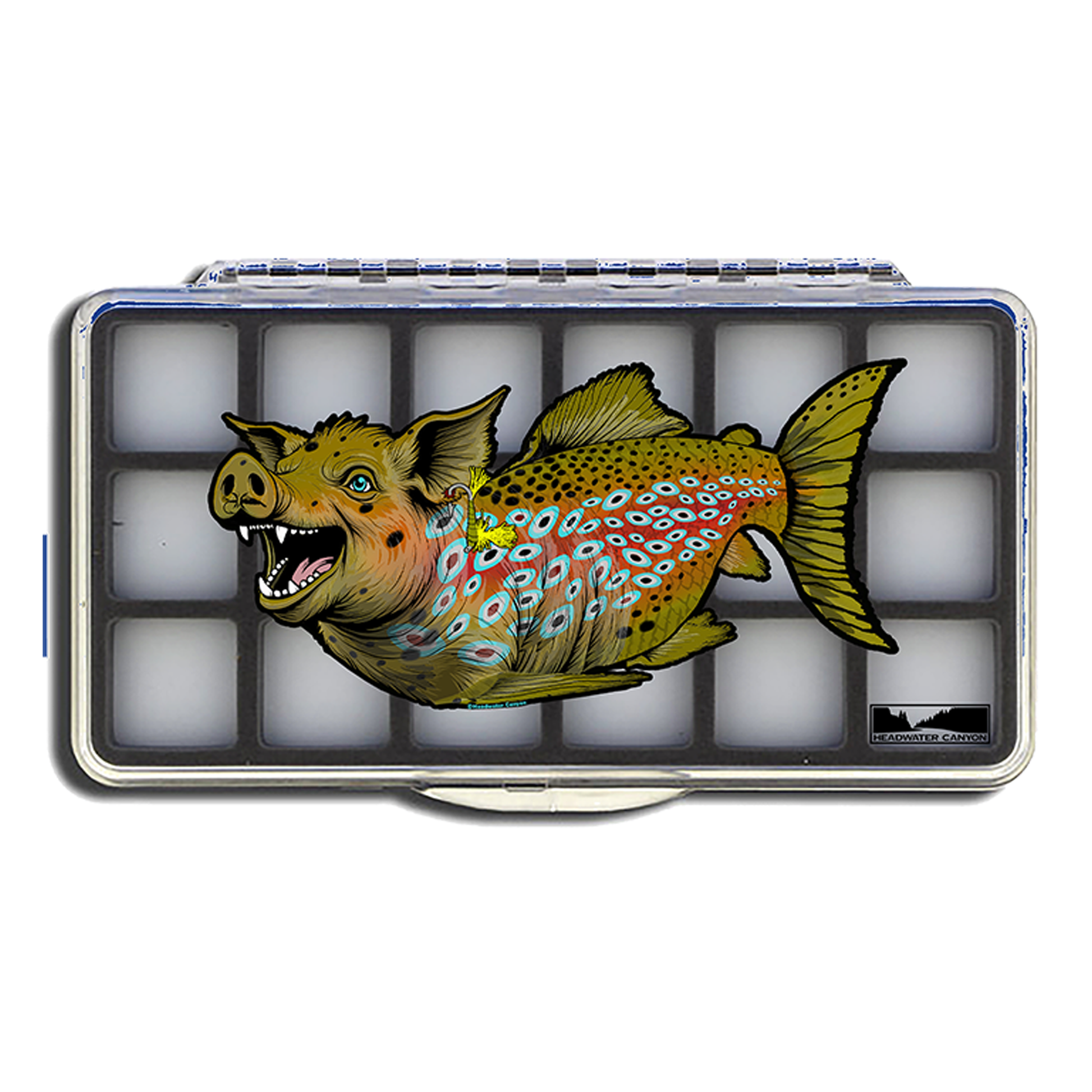 Headwater Canyon slim, magnetic, 18 compartment fly fishing box with the Boss Hog Trout graphic.
