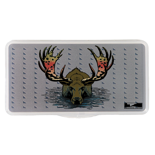 Headwater Canyon slim, large, tear drop foam fly fishing box with Rainbull graphic.