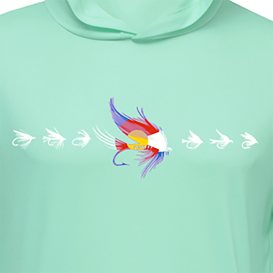 Fly fishing sun hoodie.  Seafoam color women's sun hoodie with Colorado Flag and fishing fly  patterns.  Fly CO Hoodie.